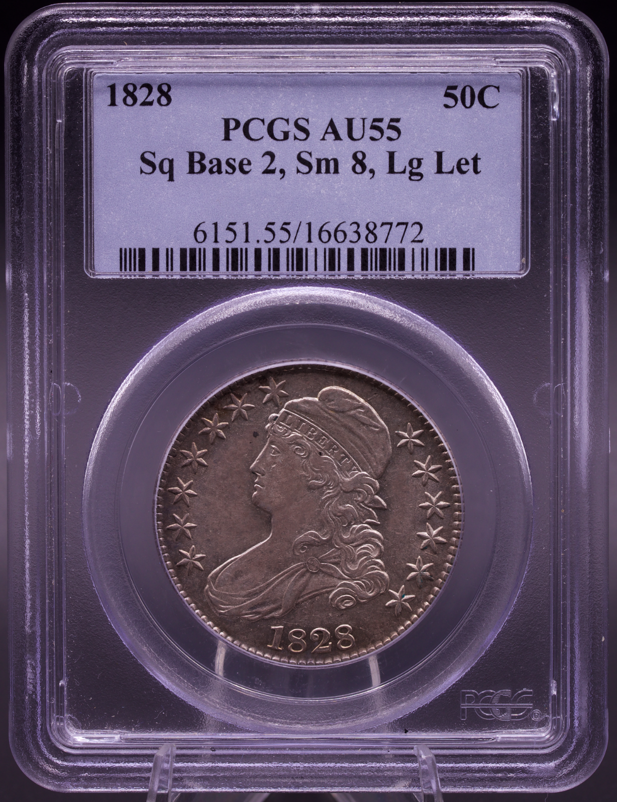 1828 Capped Bust Half Dollar PCGS AU55 Sq Base 2, Sm 8, Lg Let