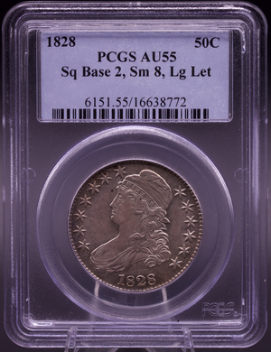 1828 Capped Bust Half Dollar PCGS AU55 Sq Base 2, Sm 8, Lg Let