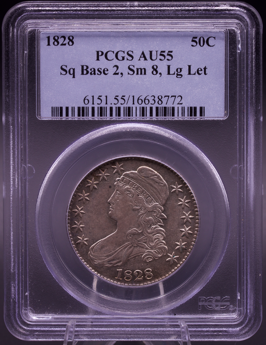 1828 Capped Bust Half Dollar PCGS AU55 Sq Base 2, Sm 8, Lg Let