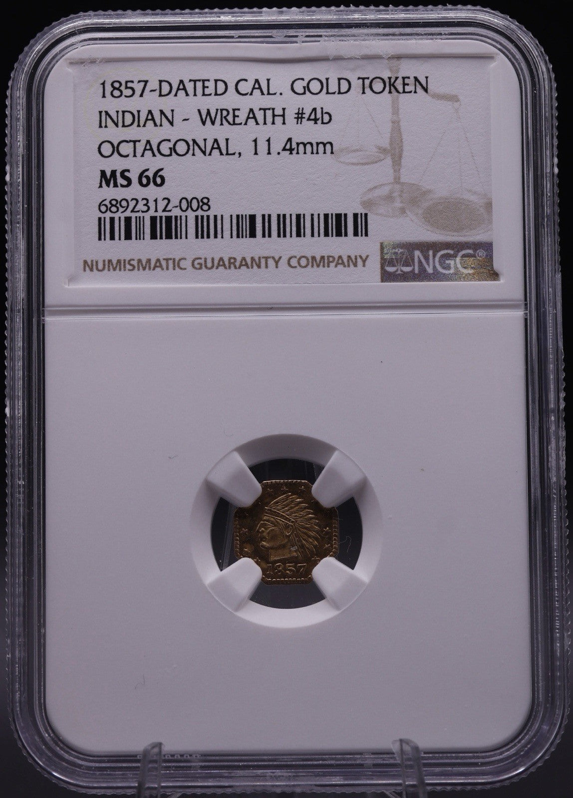 1857 Cal Gold Token Octagonal NGC MS66 Indian Wreath Territorial Gem - Top Pop!