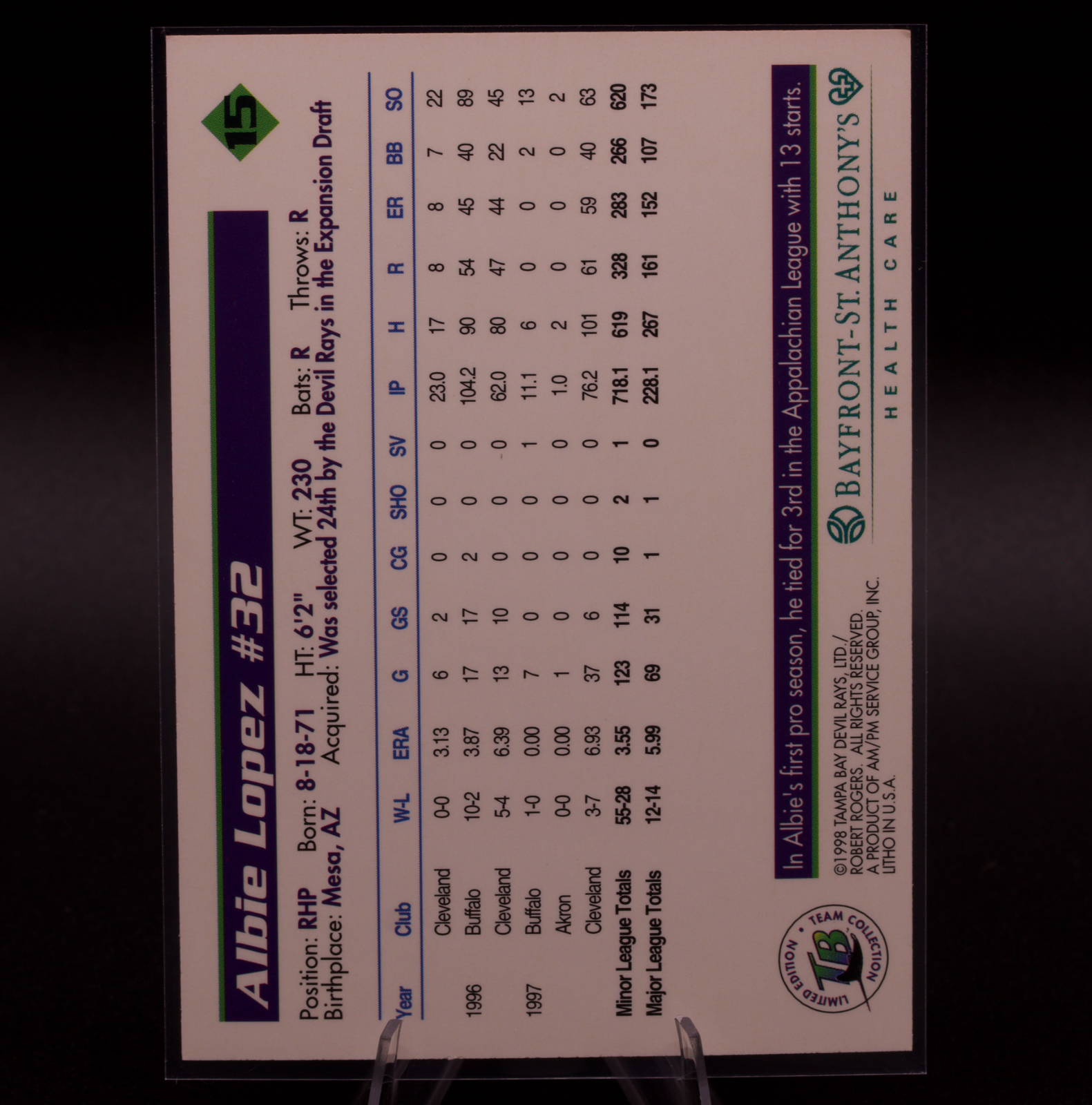 1998 Tampa Bay Devil Rays Team Issue Albie Lopez #15 Inaugural Season Card