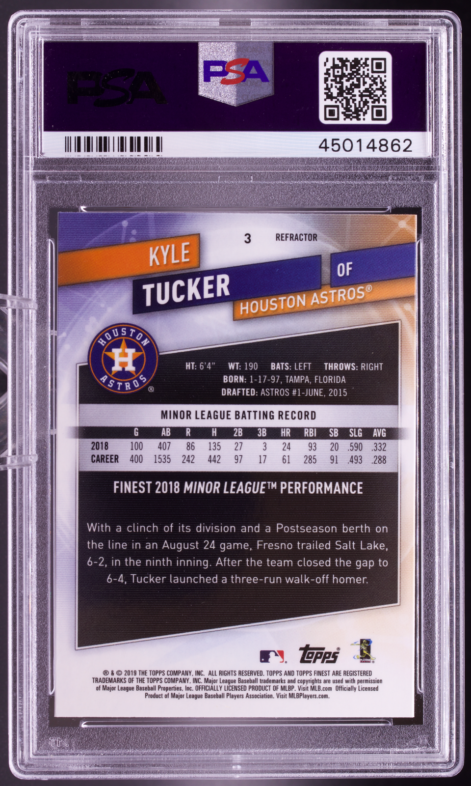2019 Topps Finest Kyle Tucker Refractor Rookie PSA 10 GEM MT Astros RC #3