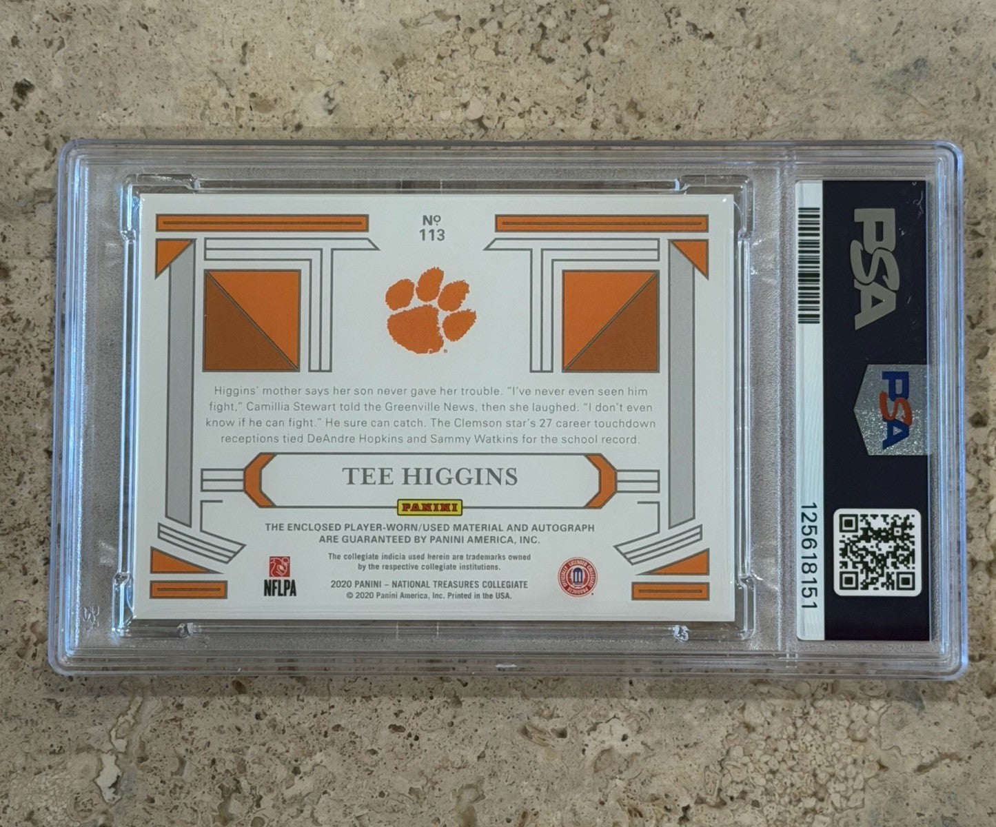2020 National Treasures Collegiate Tee Higgins College Materials Auto 1/1 PSA 8