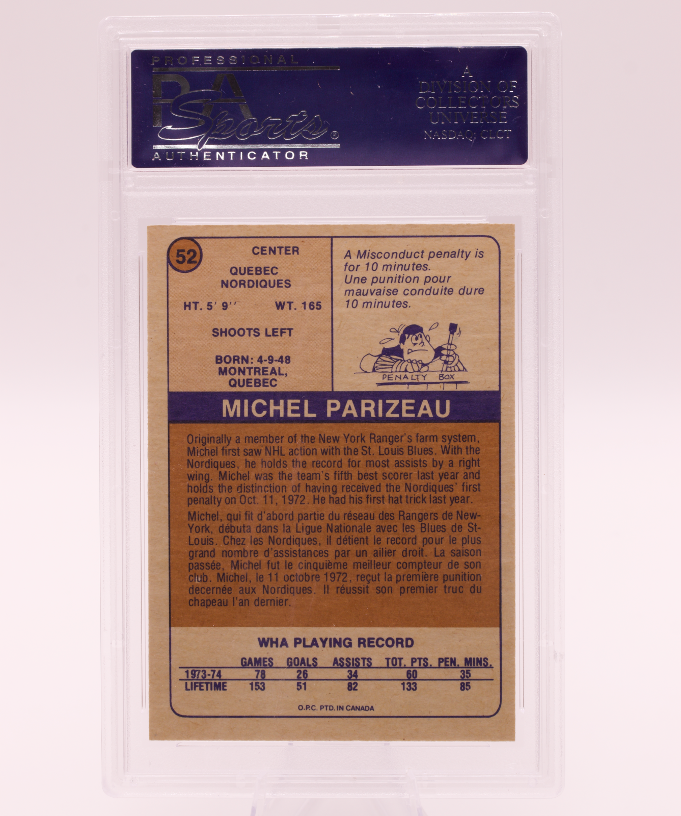 1974 O-Pee-Chee WHA Michel Parizeau #52 PSA 7 NM Quebec Nordiques Vintage OPC