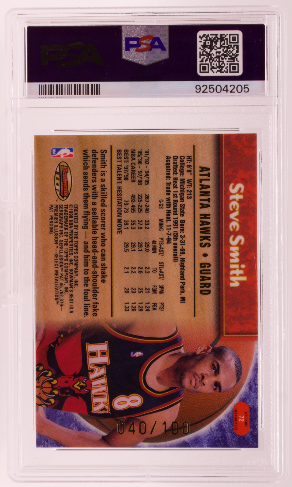 1998 Bowman's Best Steve Smith Atomic Refractor #72 /100 PSA 9 MINT Hawks Card
