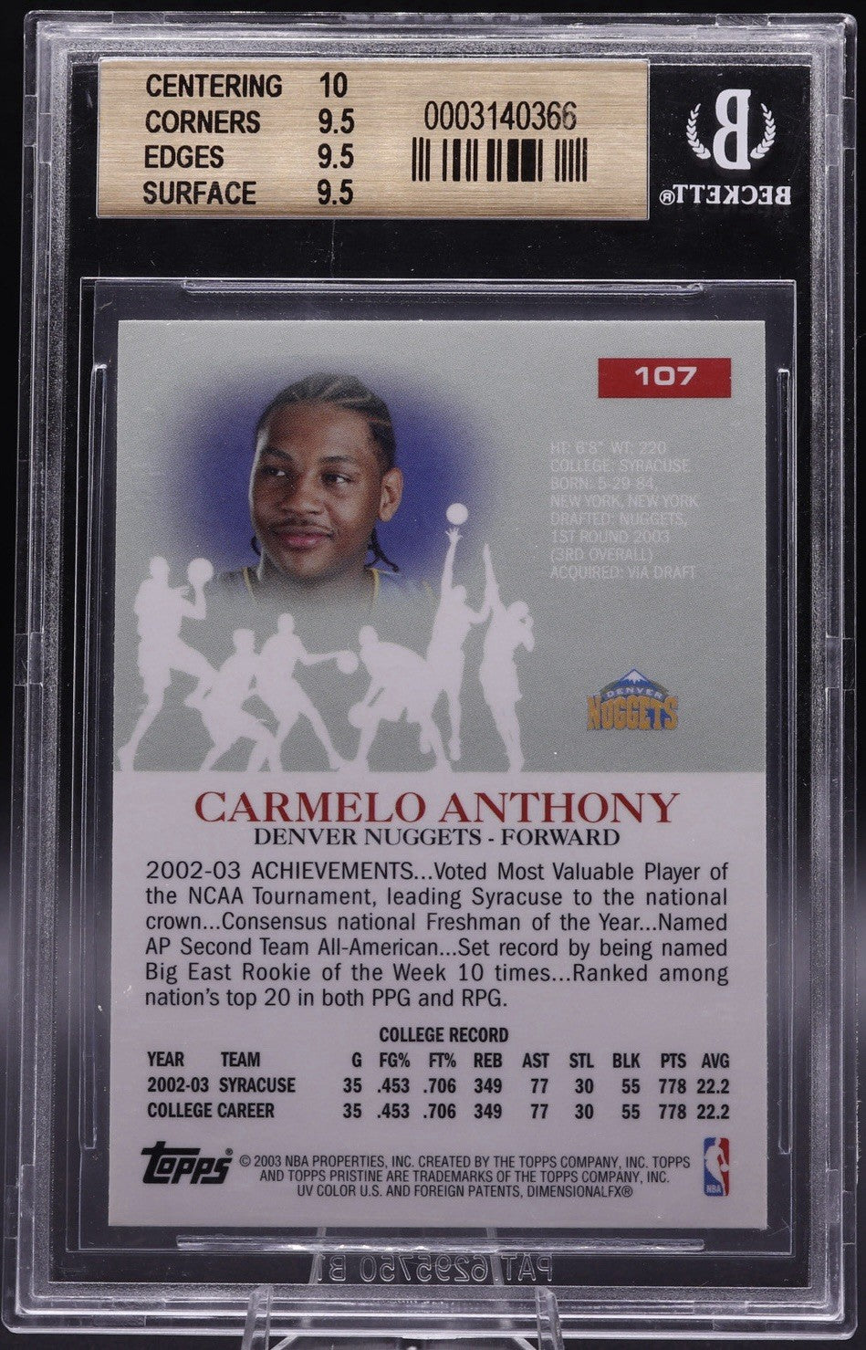 2003-04 Topps Pristine Carmelo Anthony Rookie #107 BGS 9.5 Gem Mint