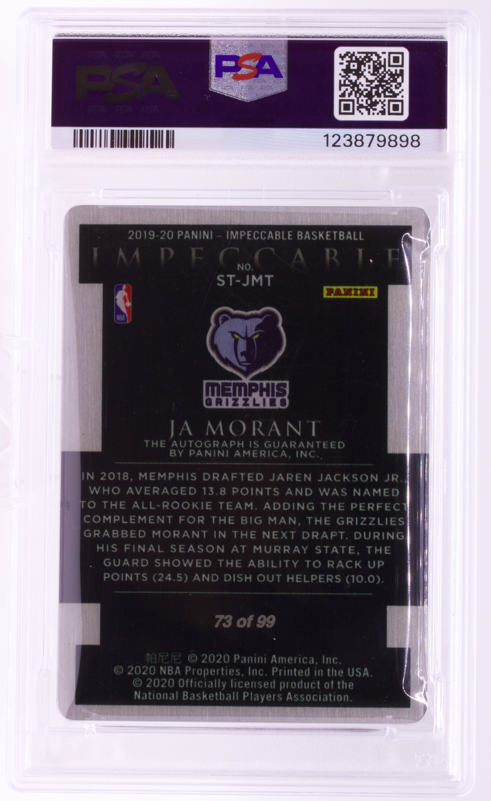 Ja Morant 2019-20 Impeccable Stainless Stars On Card Auto /99 PSA 7 10 Grizzlies