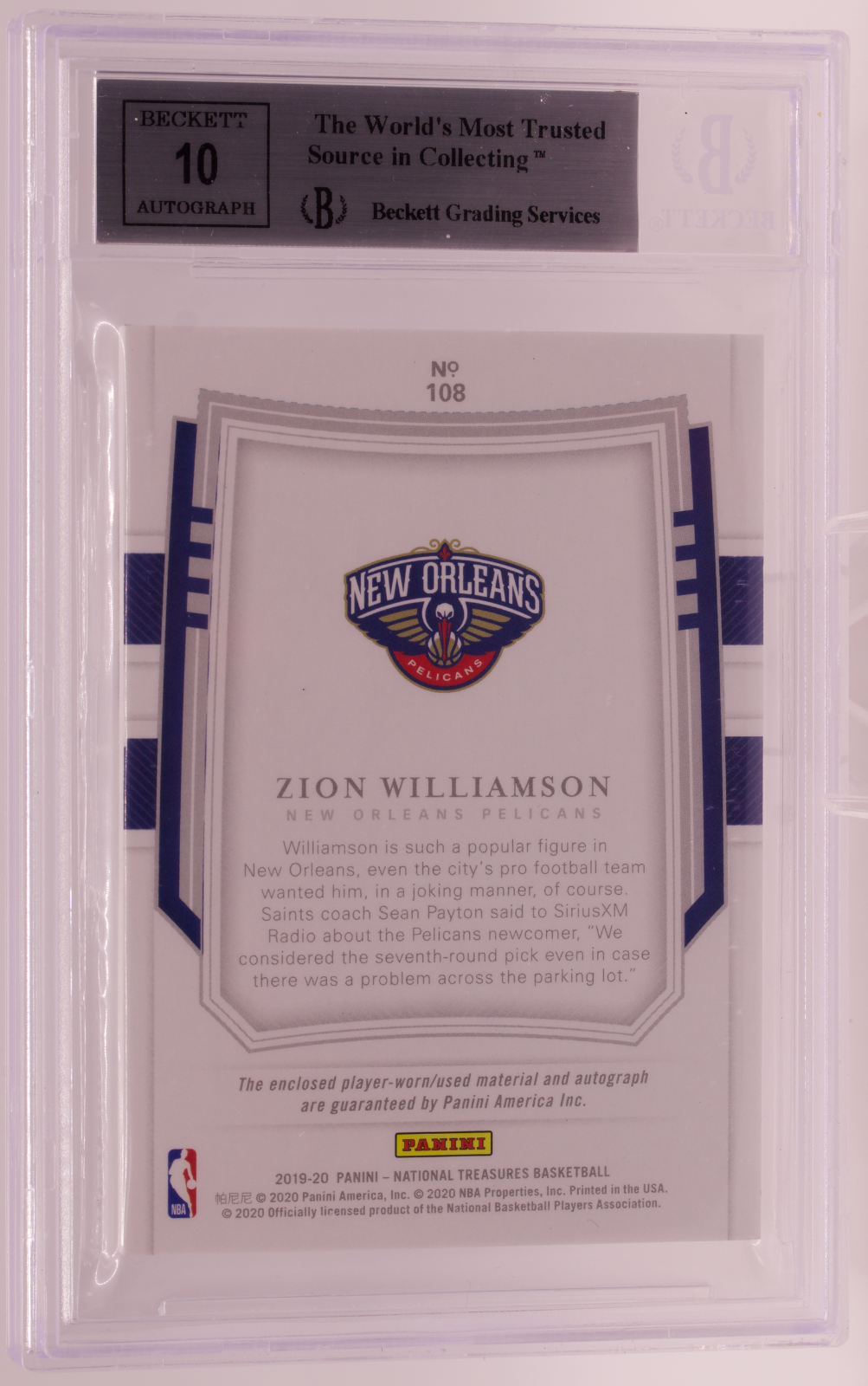 2019-20 Panini National Treasures Zion Williamson RPA /30 BGS 9 MINT Auto 10 RC