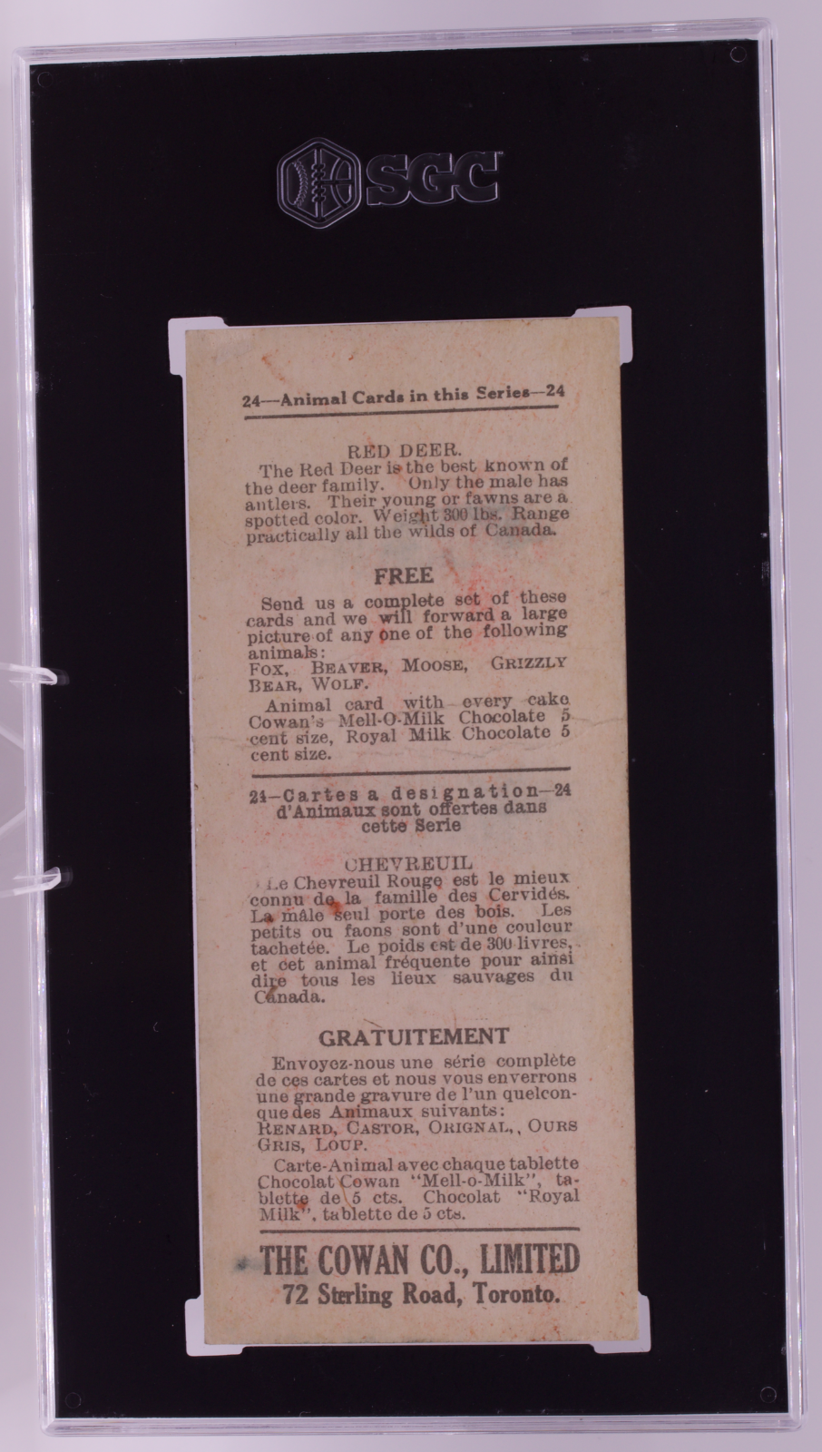 1920 Cowan Co V2 Animal Cards #15 Deer SGC 1.5 FR Canadian Chocolate