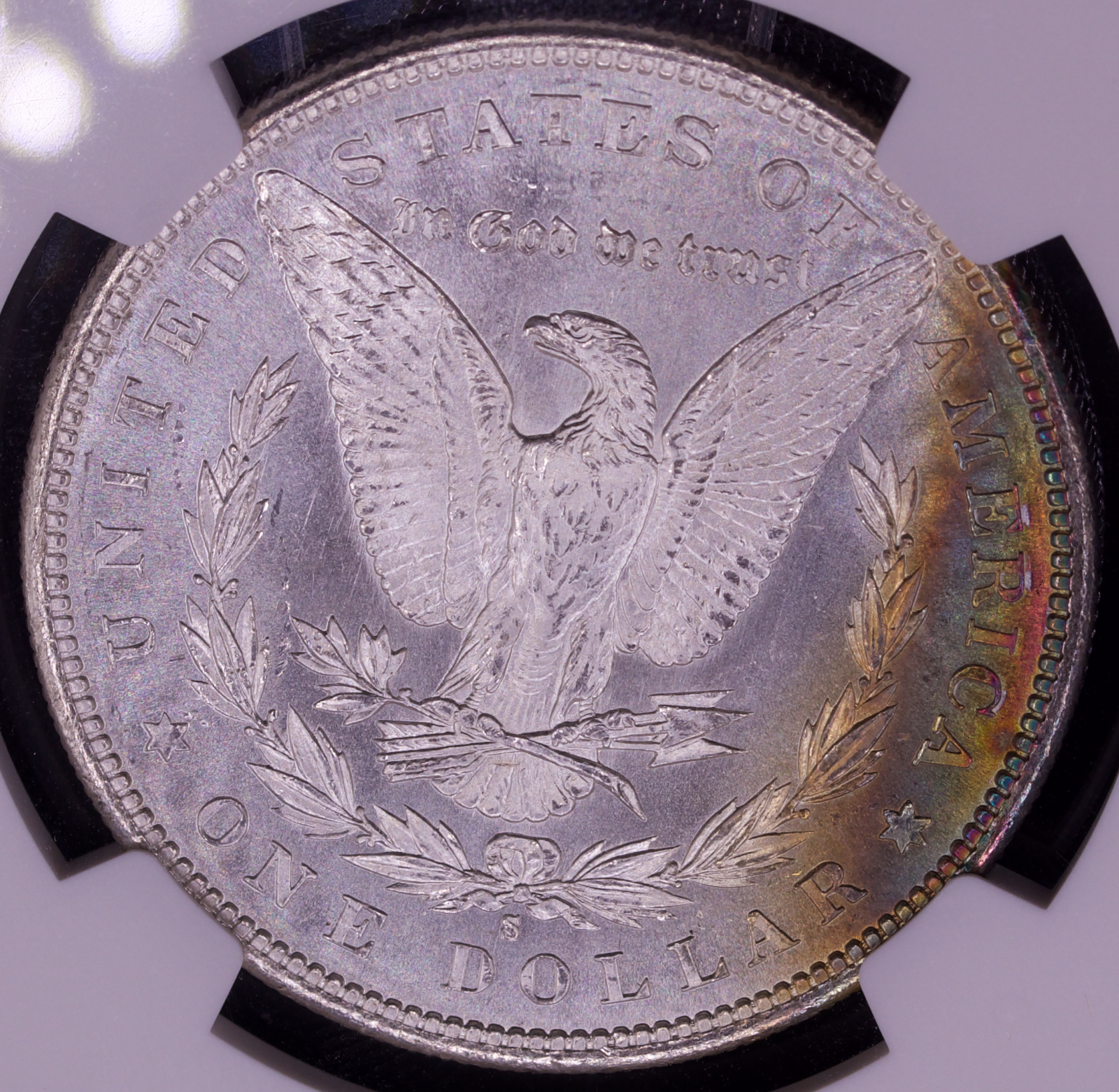 1881-S Morgan Dollar NGC MS64 Blast White Obverse Rainbow Rim Reverse Toned