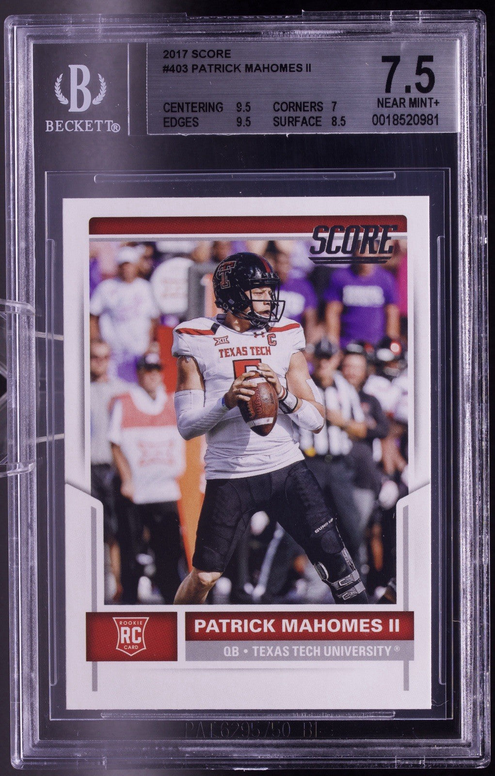 Patrick Mahomes II 2017 Score #403 Rookie RC BGS 7.5 NM+ Chiefs Texas Tech QB