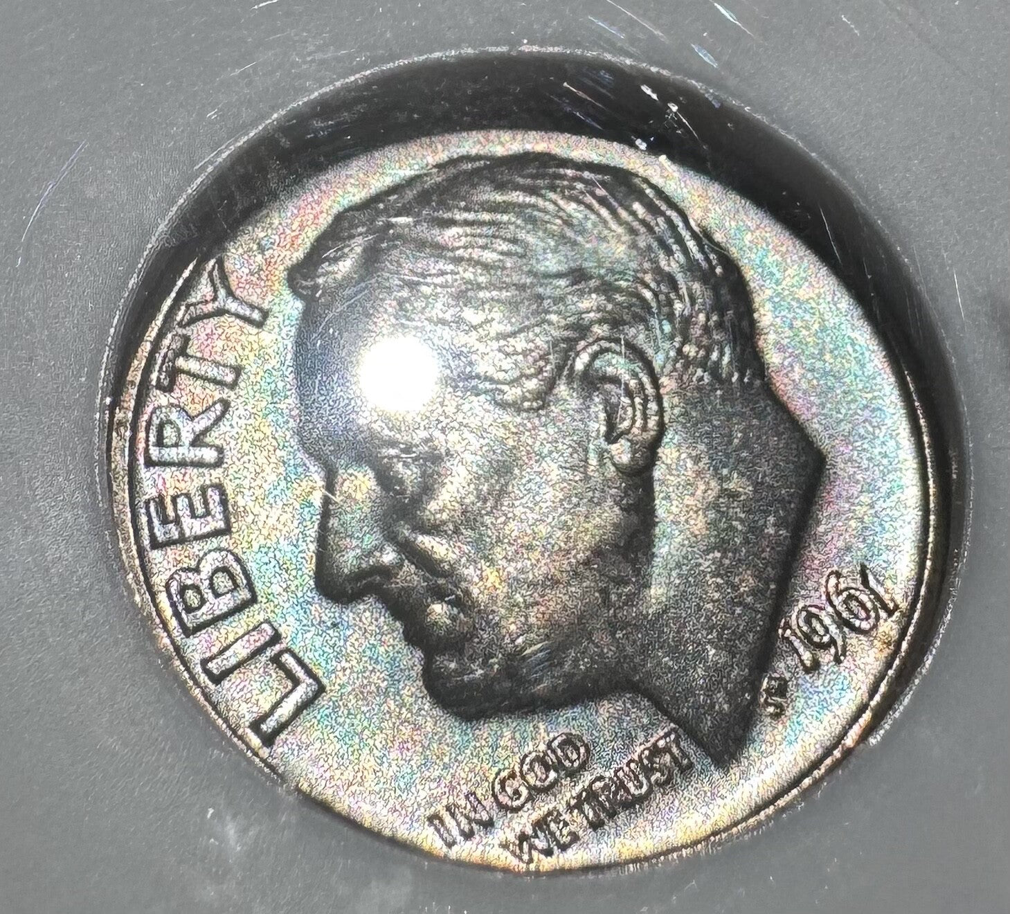 1961-D Roosevelt Dime MS66 NGC • Deep Blue, Red & Purple Toning • Gem BU Silver