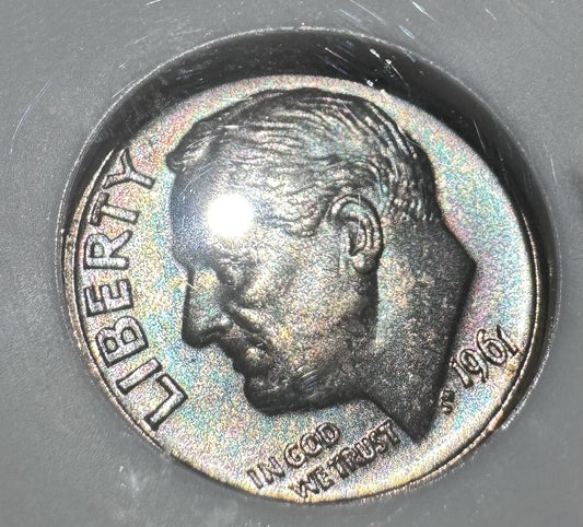 1961-D Roosevelt Dime MS66 NGC • Deep Blue, Red & Purple Toning • Gem BU Silver