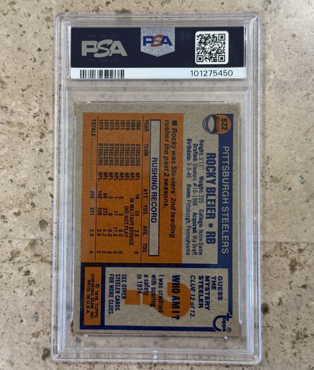 1976 Topps #522 Rocky Bleier PSA 8 NM-MT Pittsburgh Steelers Vintage Football