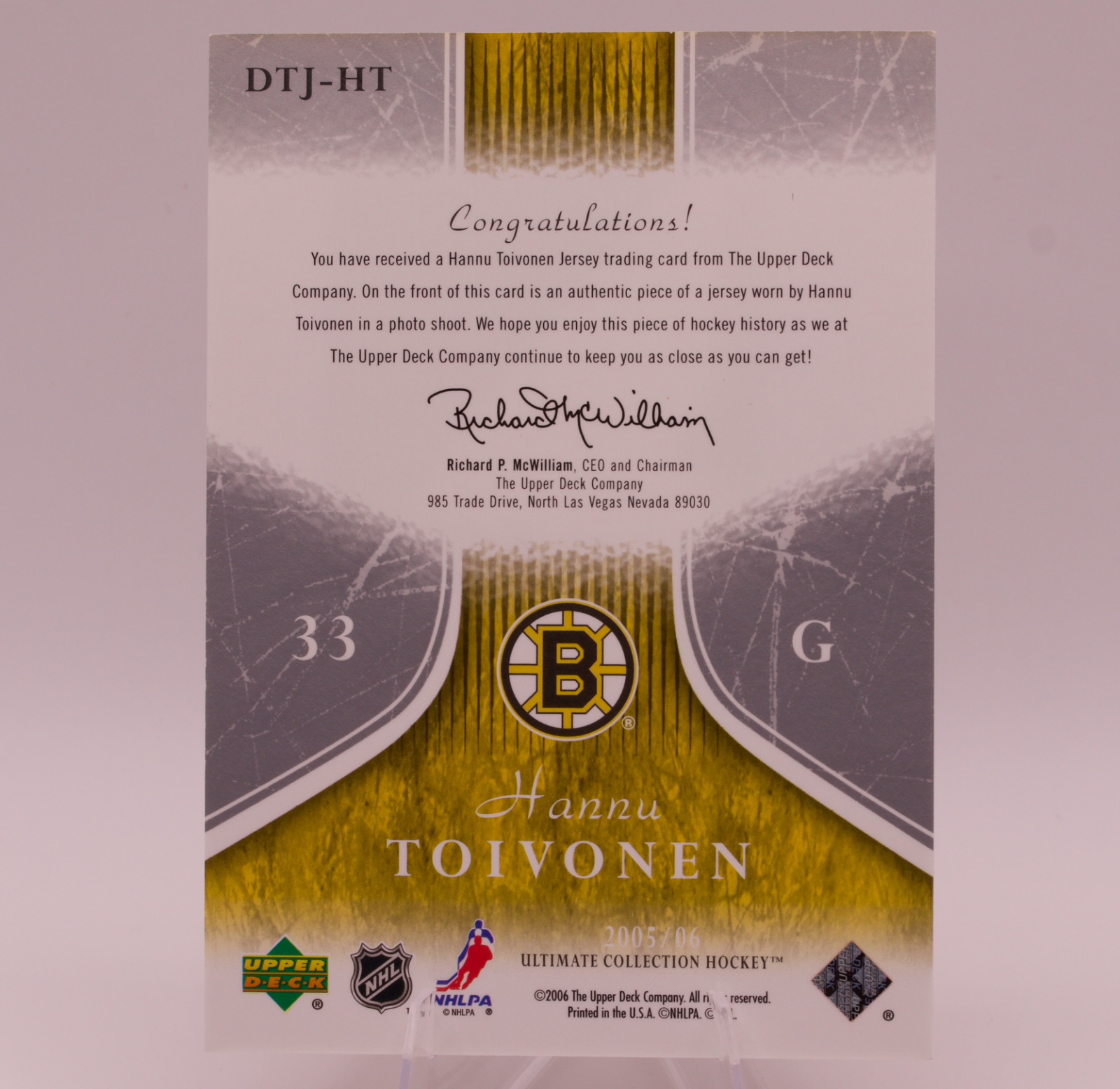 2005-06 Upper Deck Ultimate Collection Hannu Toivonen Debut Threads Jersey /250