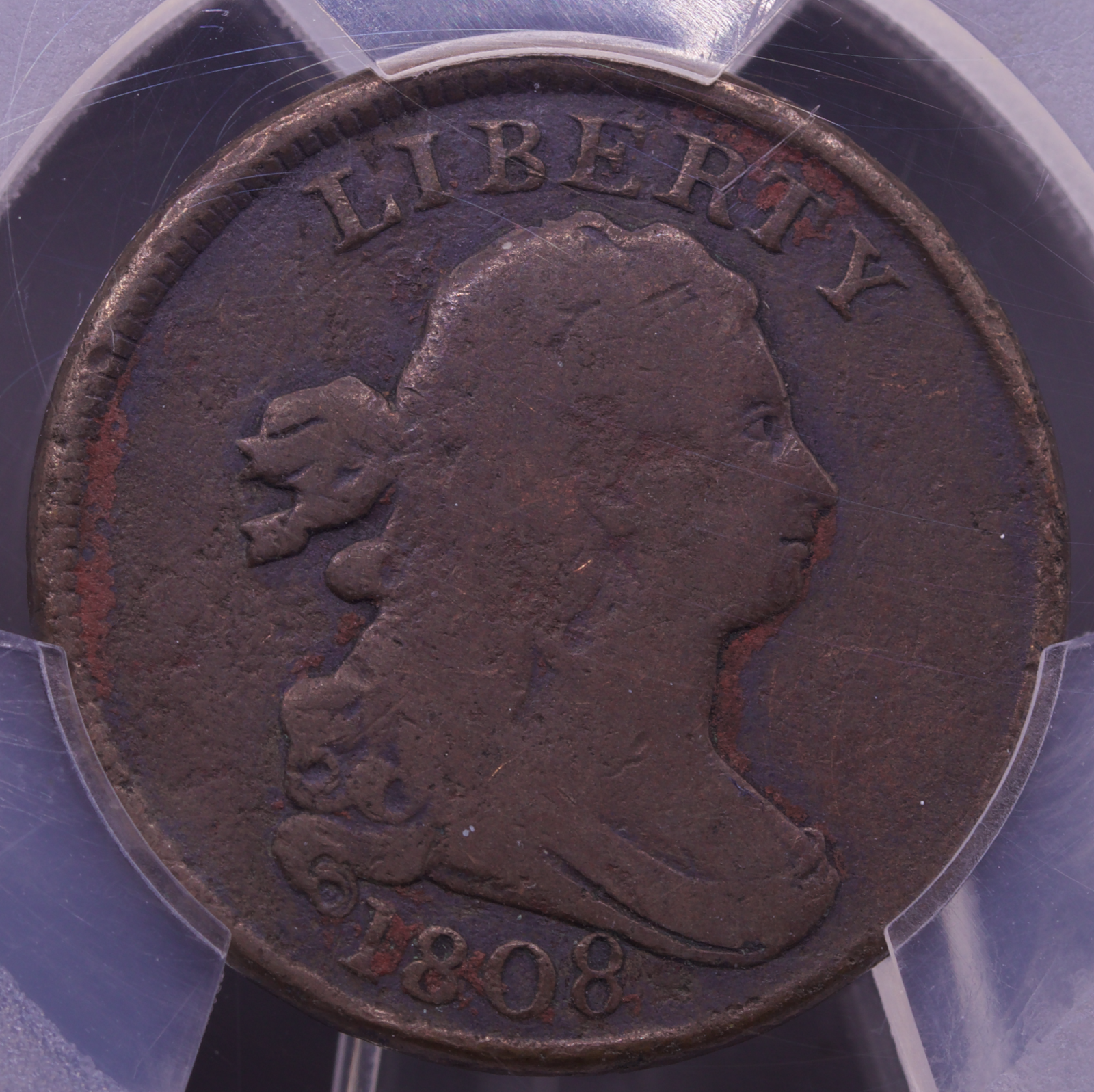 1808 Draped Bust Half Cent PCGS VG Details – Env. Damage – Rotated Dies C-3