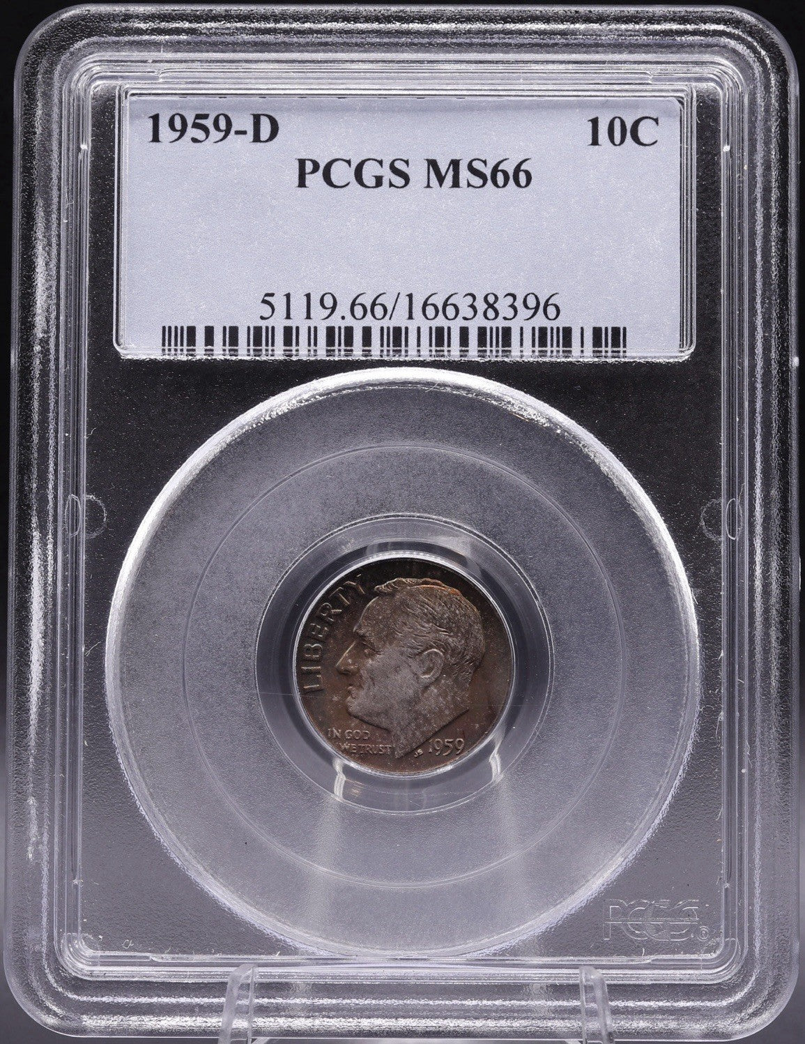 1959-D Roosevelt Dime PCGS MS66 Rainbow Toned Silver 10C