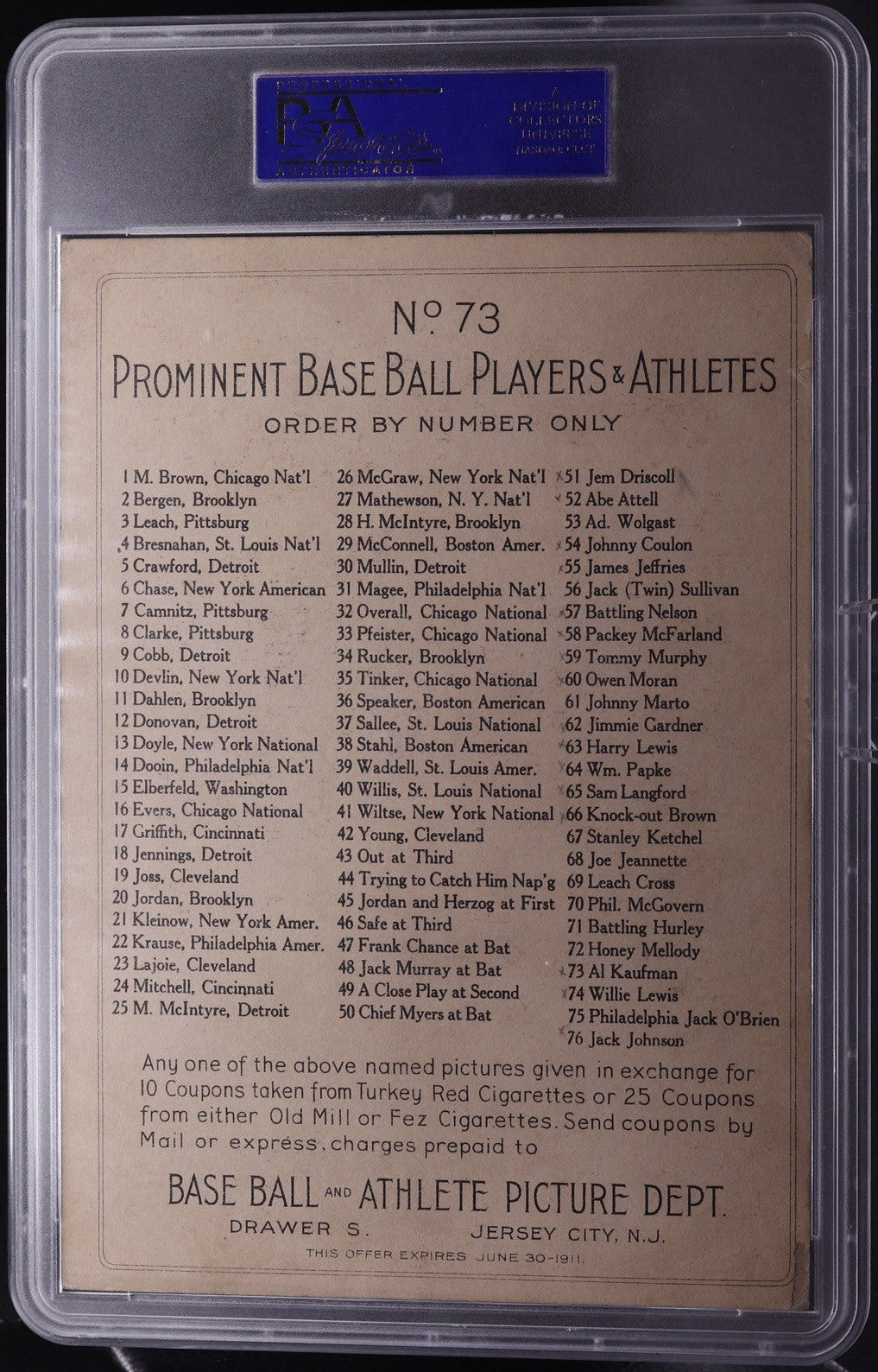 1911 T9 Turkey Red Al Kaufman PSA 4 (MK) Boxing Cabinet Checklist Back #73