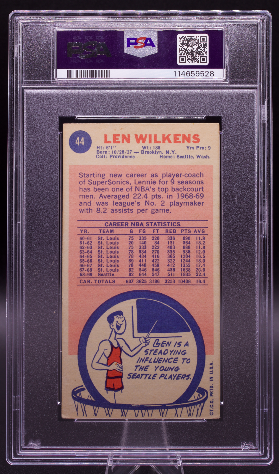 1969 Topps Len Wilkens #44 PSA Authentic AUTO 9 Signed Seattle Tallboy HOF '89