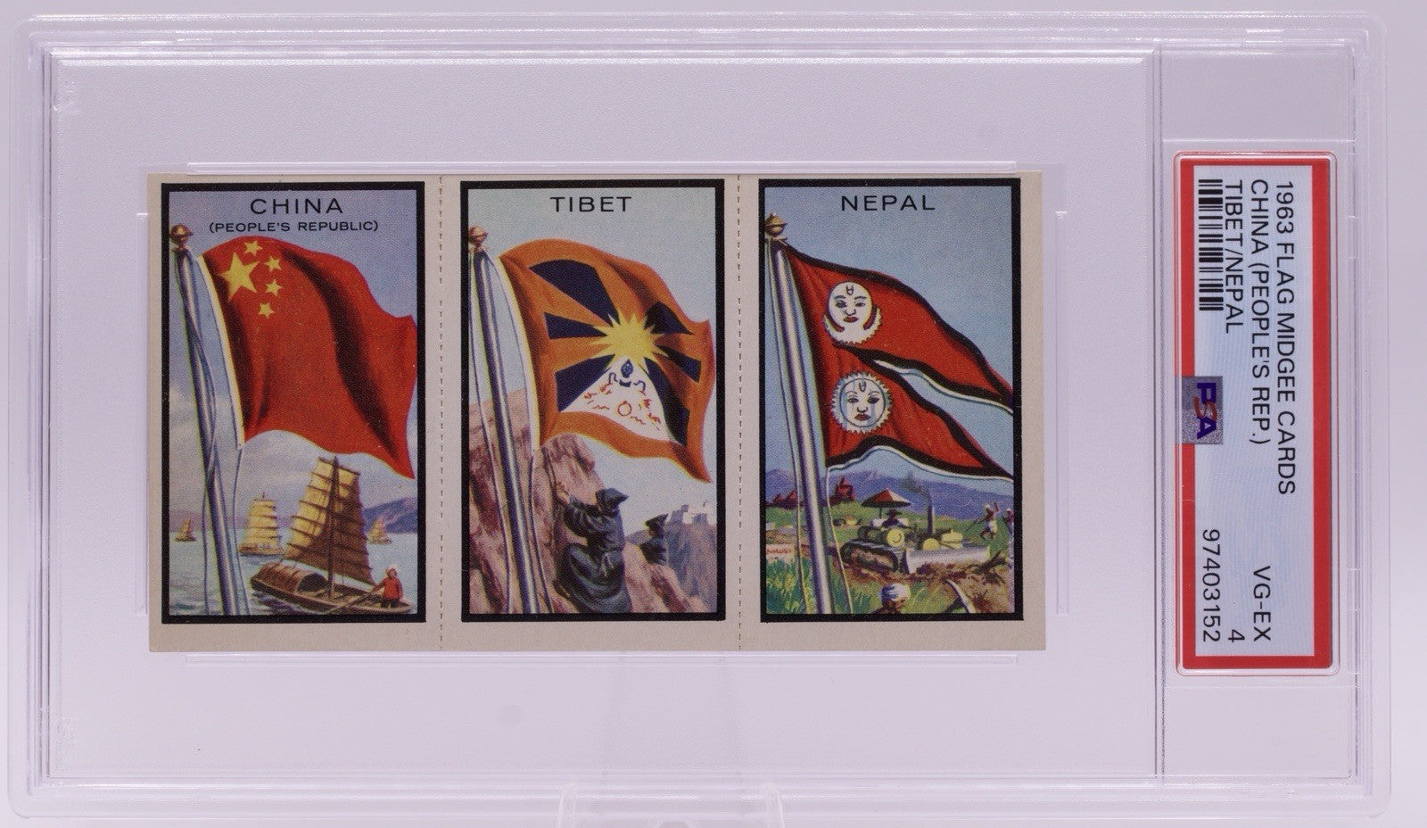 1963 Flag Midgee Cards China Tibet Nepal PSA VG-EX 4 Vintage Uncut Strip