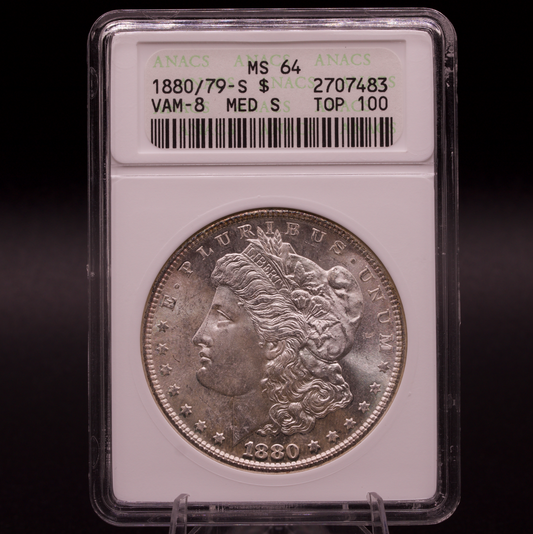 1880/79-S Morgan Silver Dollar ANACS MS64 VAM-8 Medium S Top 100 Overdate