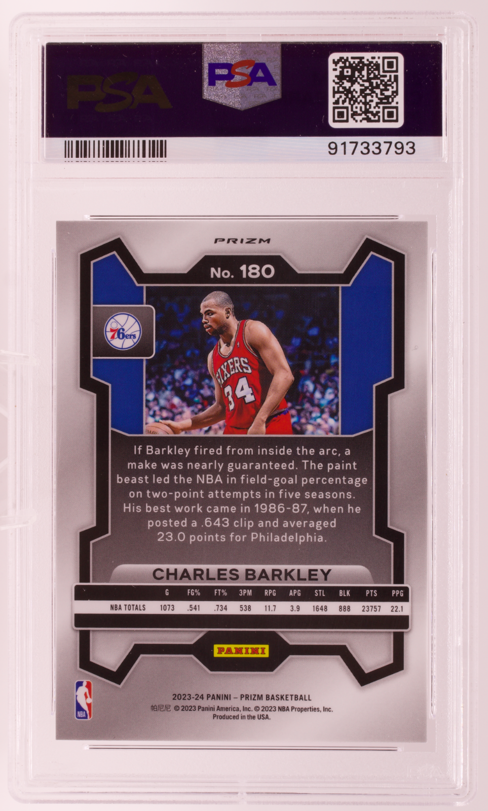 2023-24 Panini Prizm Charles Barkley #180 Pink Ice Prizm PSA 10 GEM MT 76ers
