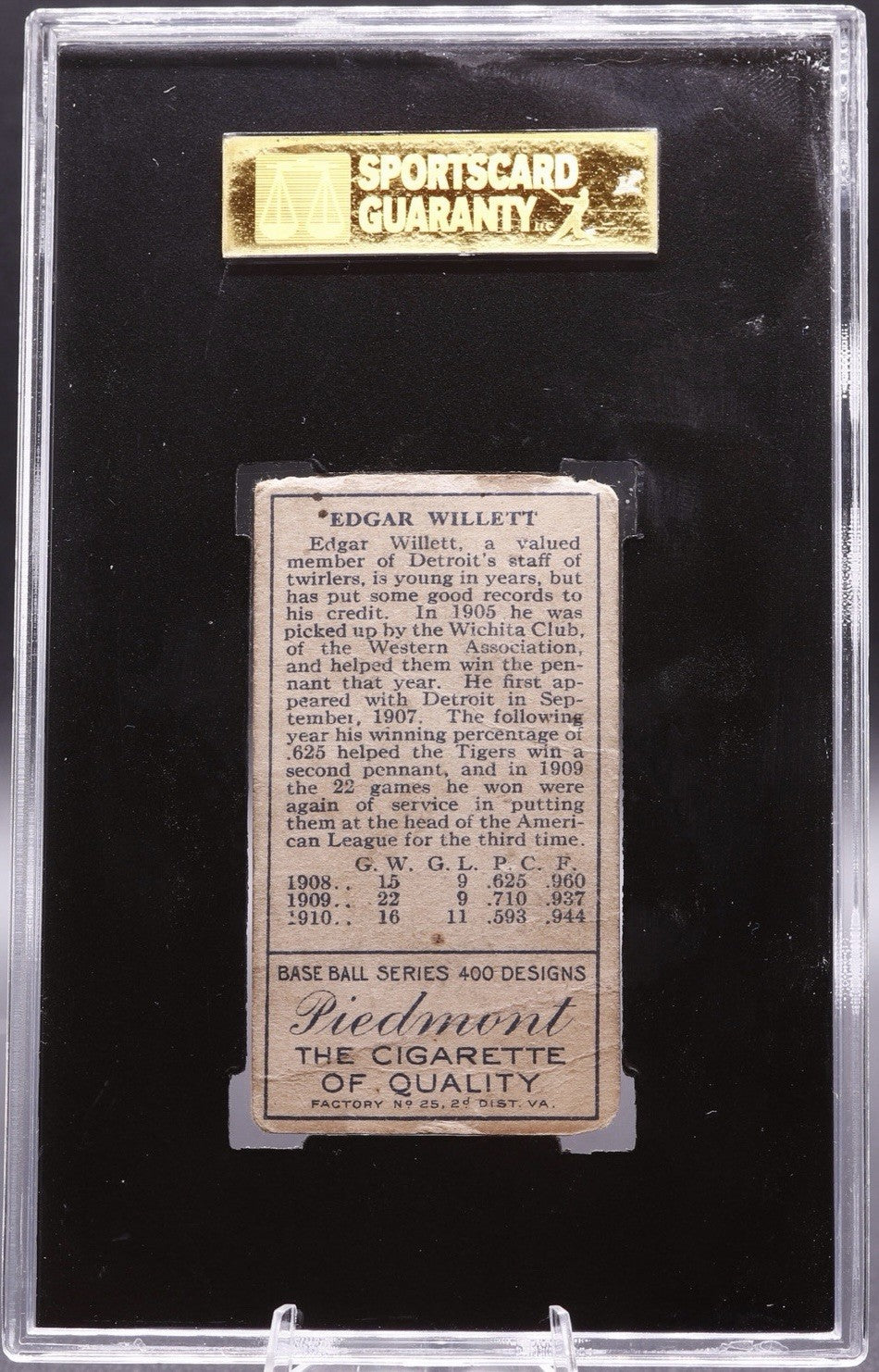 1911 T205 Edgar Willett Gold Border Piedmont Back SGC 1.5 FAIR Vintage Card