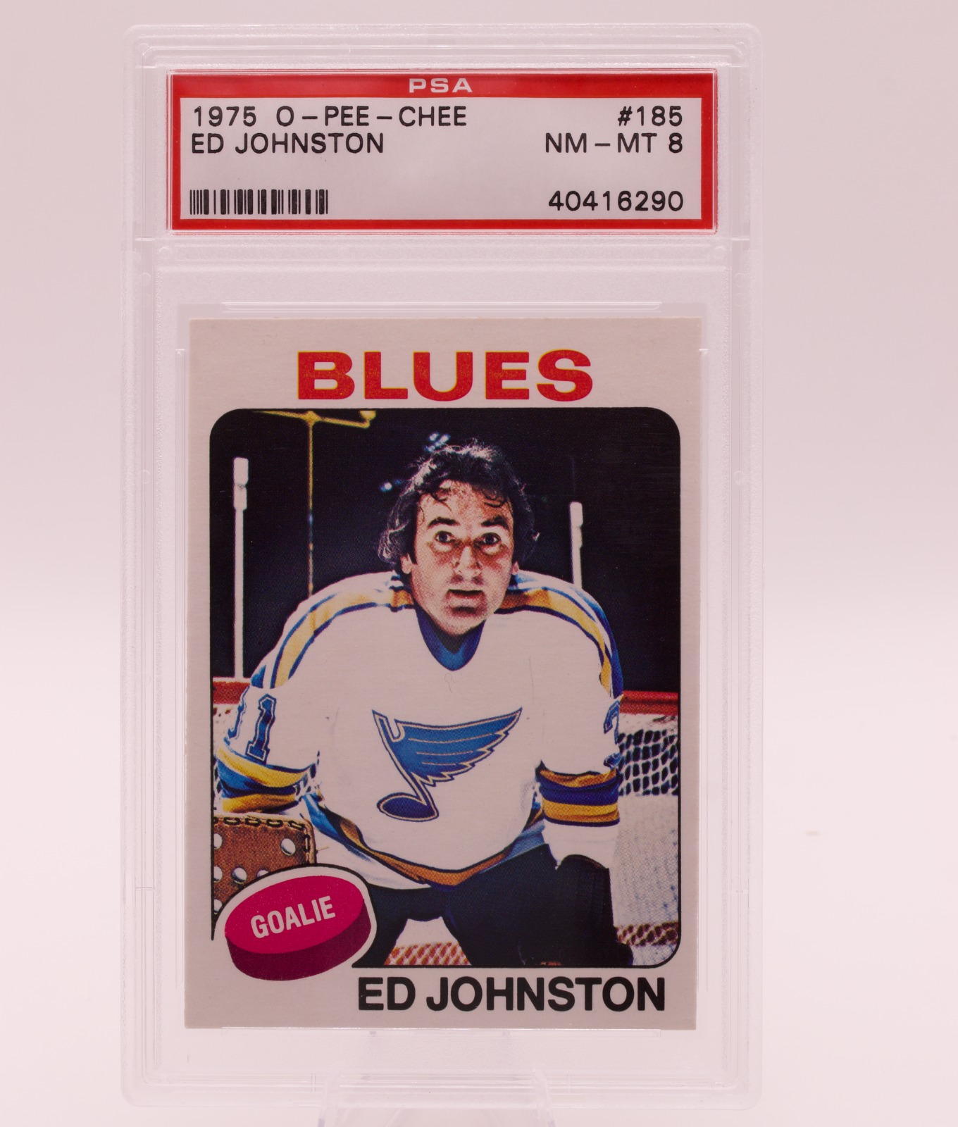 1975 O-Pee-Chee #185 Ed Johnston PSA 8 NM-MT St Louis Blues Goalie OPC Hockey