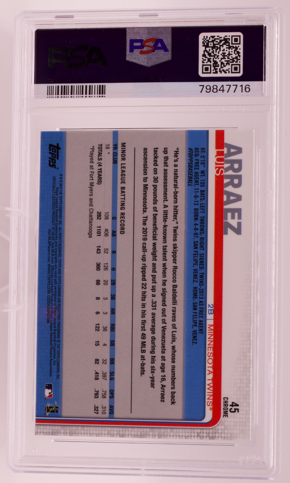 2019 Topps Chrome Update #45 Luis Arraez Rookie RC PSA 10 GEM MT Minnesota Twins