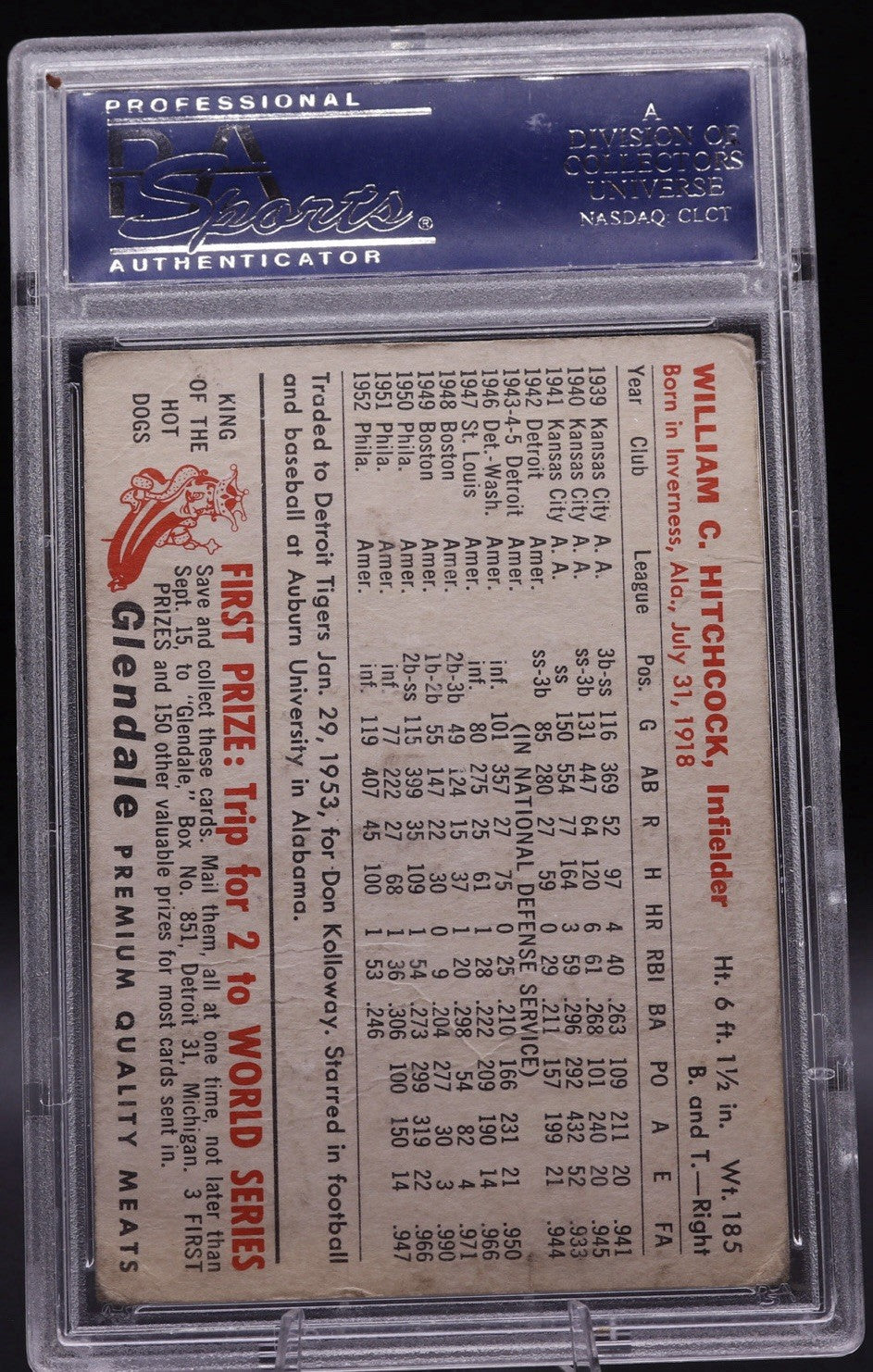 1953 Glendale Hot Dogs Billy Hitchcock PSA 2.5 Good+ Vintage Regional Food Card