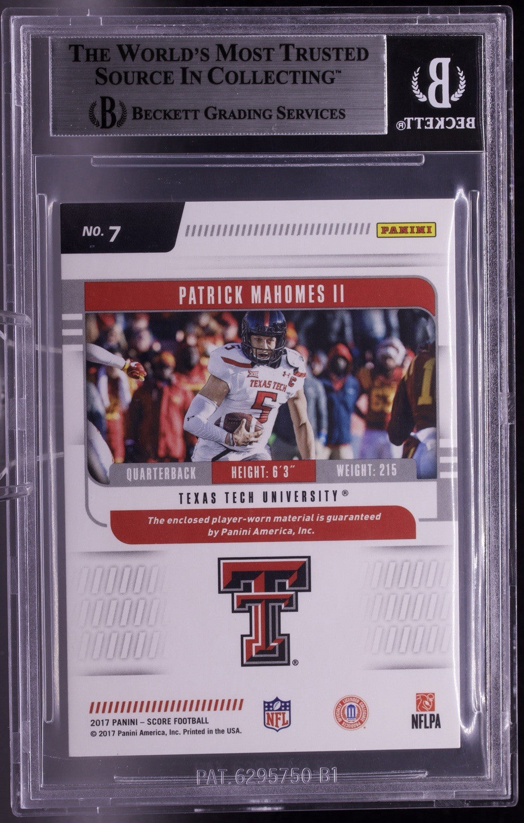 2017 Panini Score Patrick Mahomes II ROOKIE JERSEY #7 Texas Tech BGS 8 NM-MT
