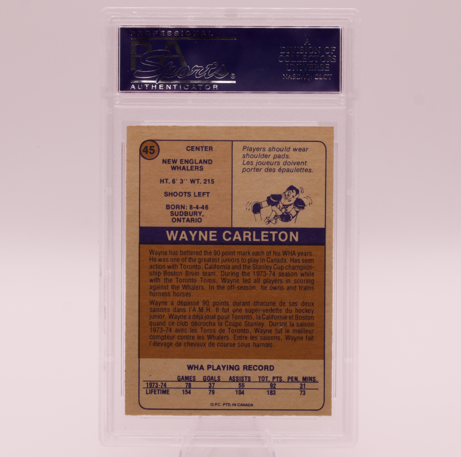 1974 O-Pee-Chee WHA Wayne Carleton #45 PSA 8 NM-MT New England Whalers Hockey