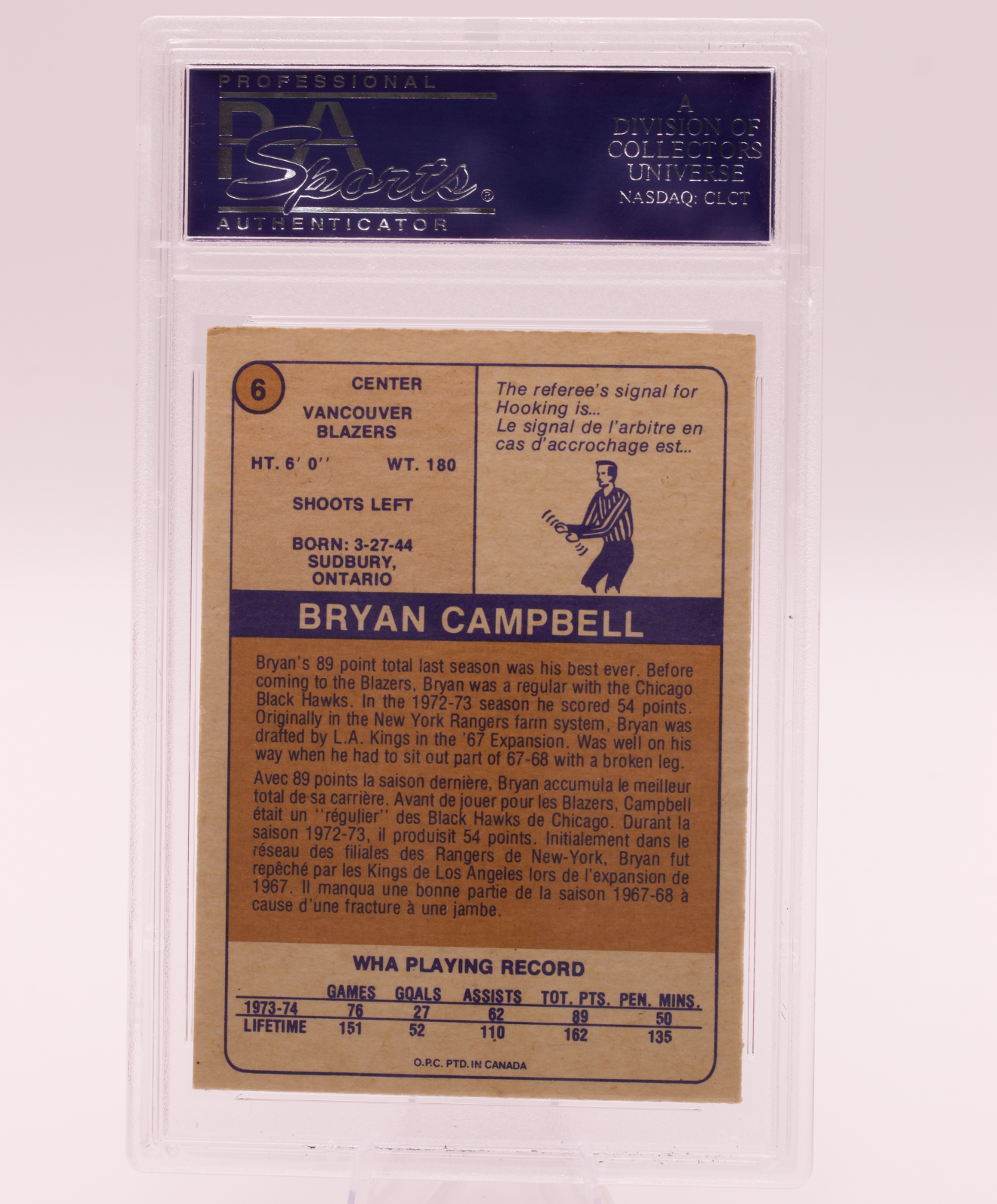 1974 O-Pee-Chee WHA Bryan Campbell #6 PSA 7 NM Vancouver Blazers Vintage OPC