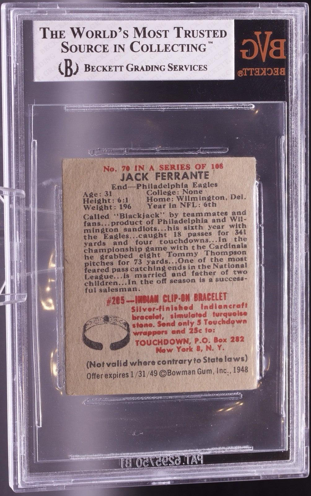 1948 Bowman Football #70 Jack Ferrante Rookie RC BVG 3.5 VG+ Philadelphia Eagles