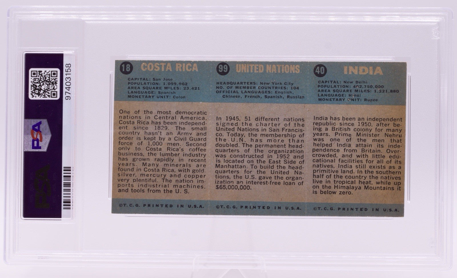 1963 Flag Midgee Cards India United Nations Costa Rica PSA EX-MT 6 Strip