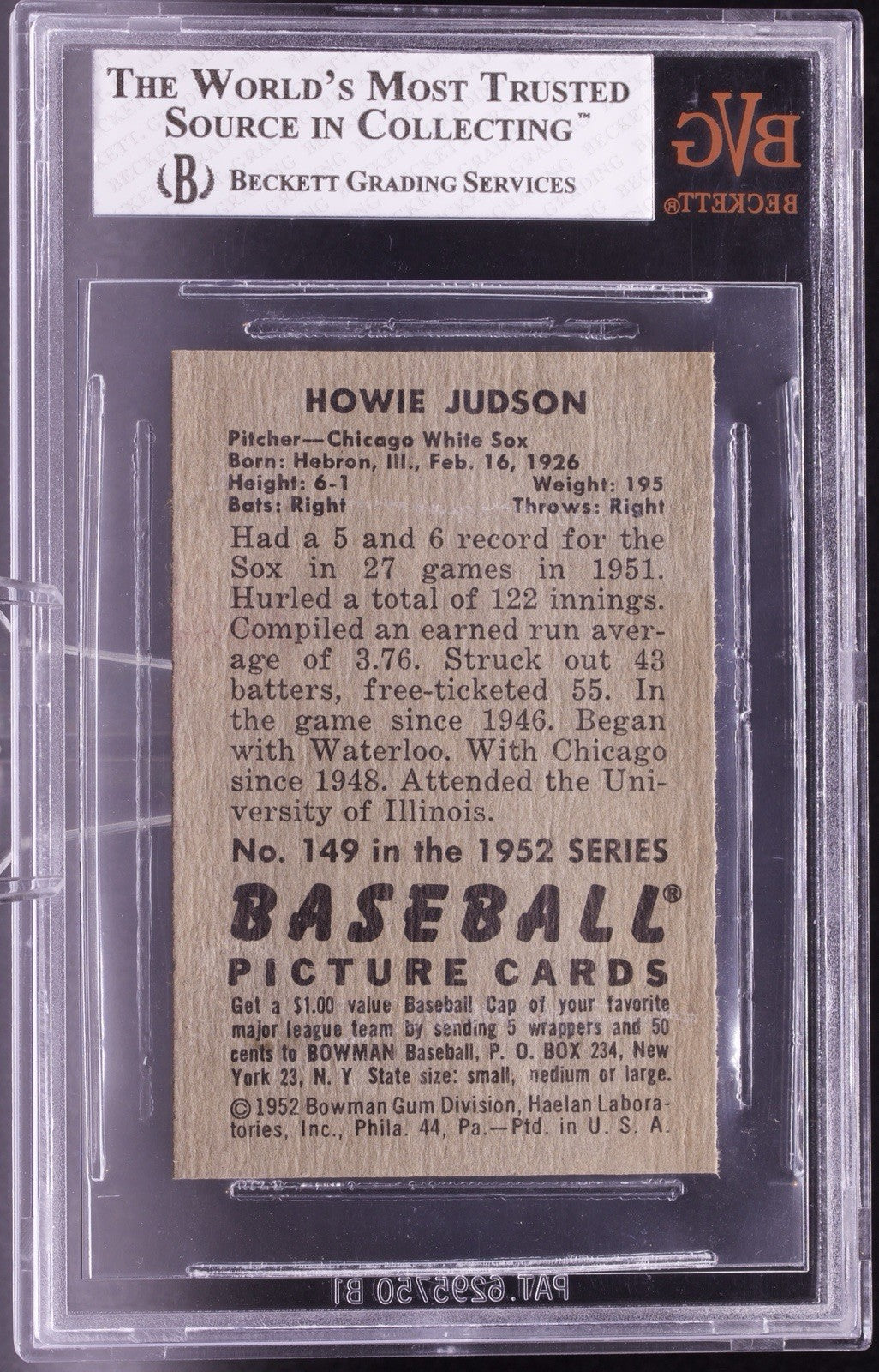 1952 Bowman #149 Howie Judson BVG 8 NM-MT High Grade Chicago White Sox Rare