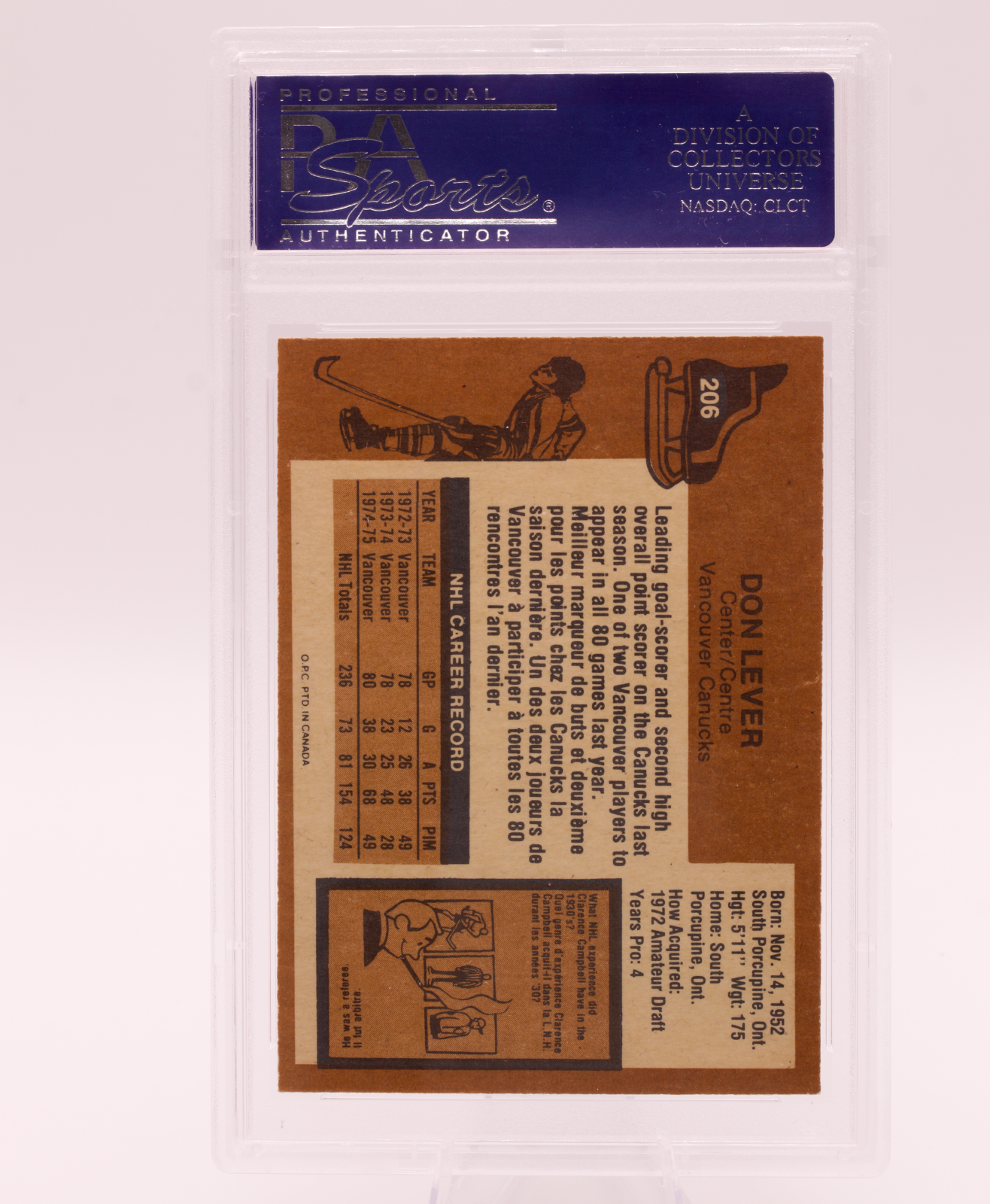 1975 O-Pee-Chee #206 Don Lever PSA 8 NM-MT Vancouver Canucks Center Hockey Card