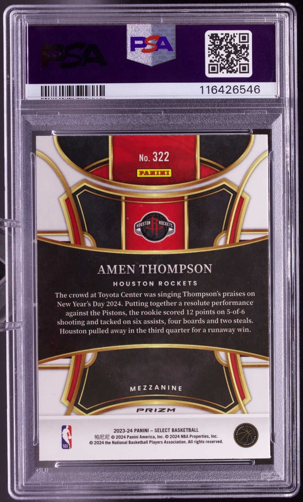 2023 Panini Select Amen Thompson Tiger Prizm #322 PSA 10 Gem Mint Rookie RC