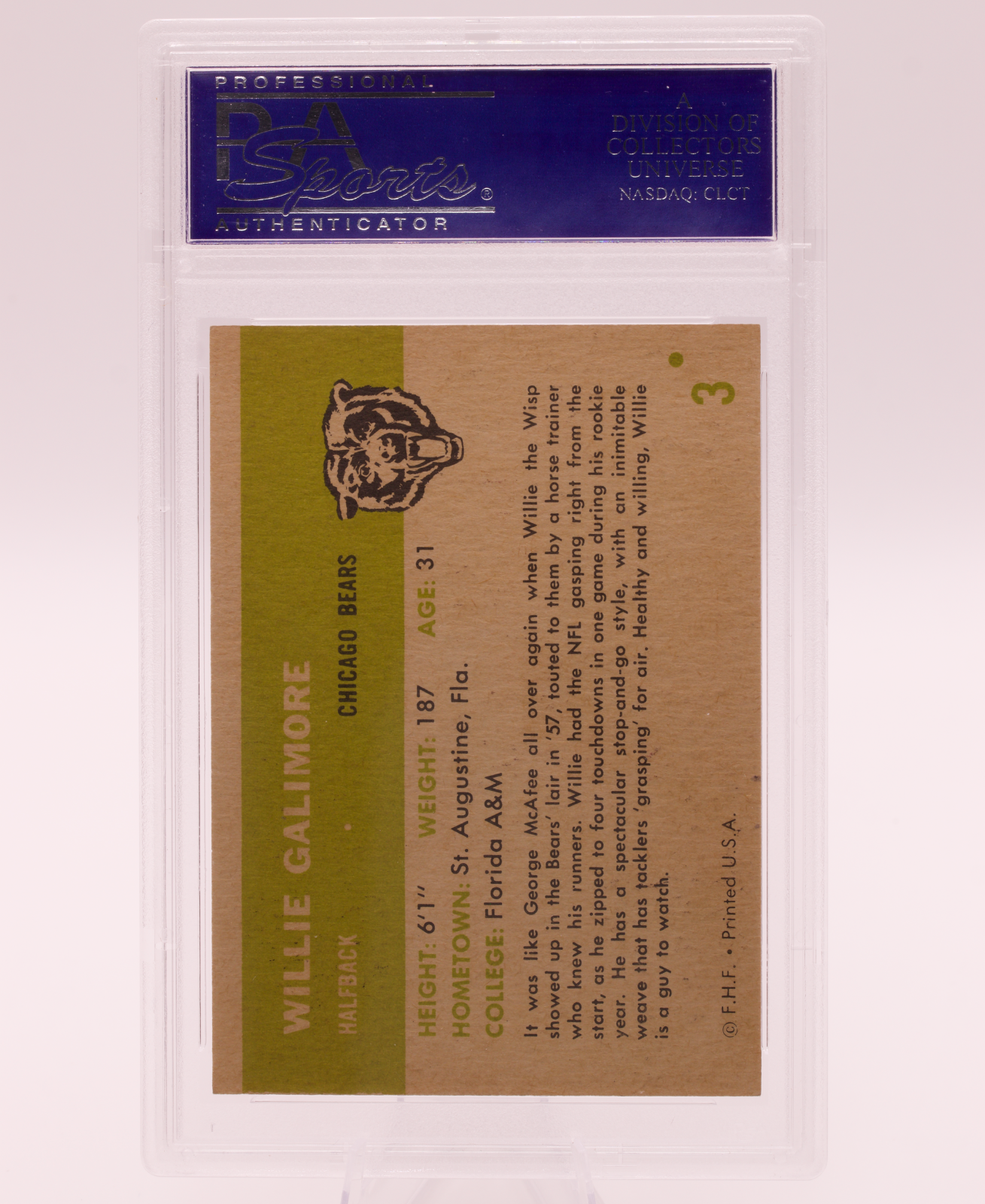 1961 Fleer #3 Willie Galimore PSA 8 NM-MT Chicago Bears Florida A&M Halfback