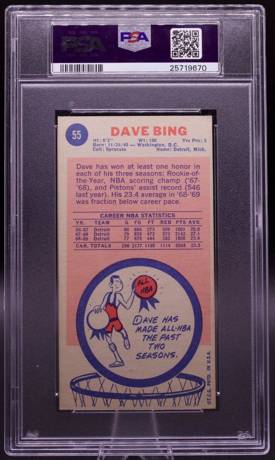 1969 Topps Dave Bing #55 PSA 5 AUTO 10 Signed Inscribed Pistons Tallboy HOF