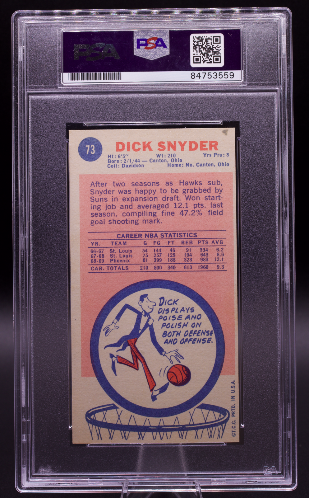 1969 Topps Signed Dick Snyder #73 PSA Authentic Auto Seattle Sonics Tallboy