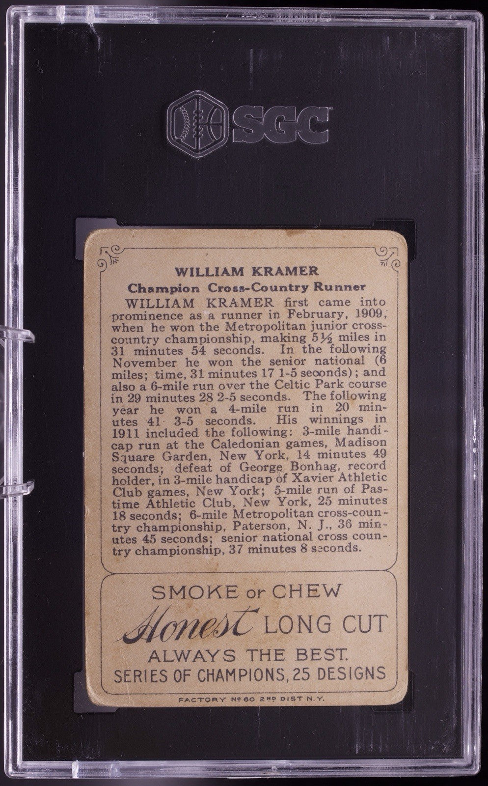 1912 T227 Honest Long Cut Series of Champions W.J. KRAMER Runner SGC 3 VG