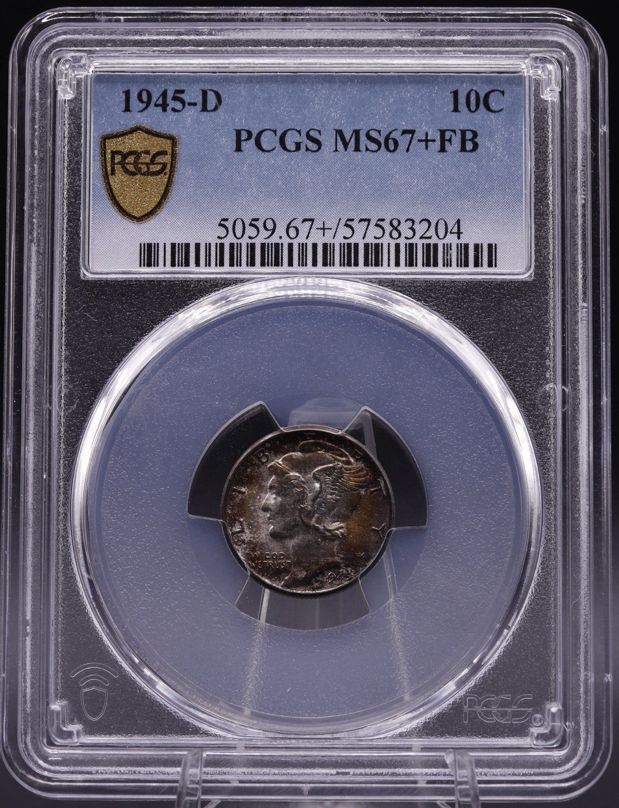 1945-D Mercury Dime 10C Silver PCGS MS67+ FB Full Bands Gem Rainbow Toned