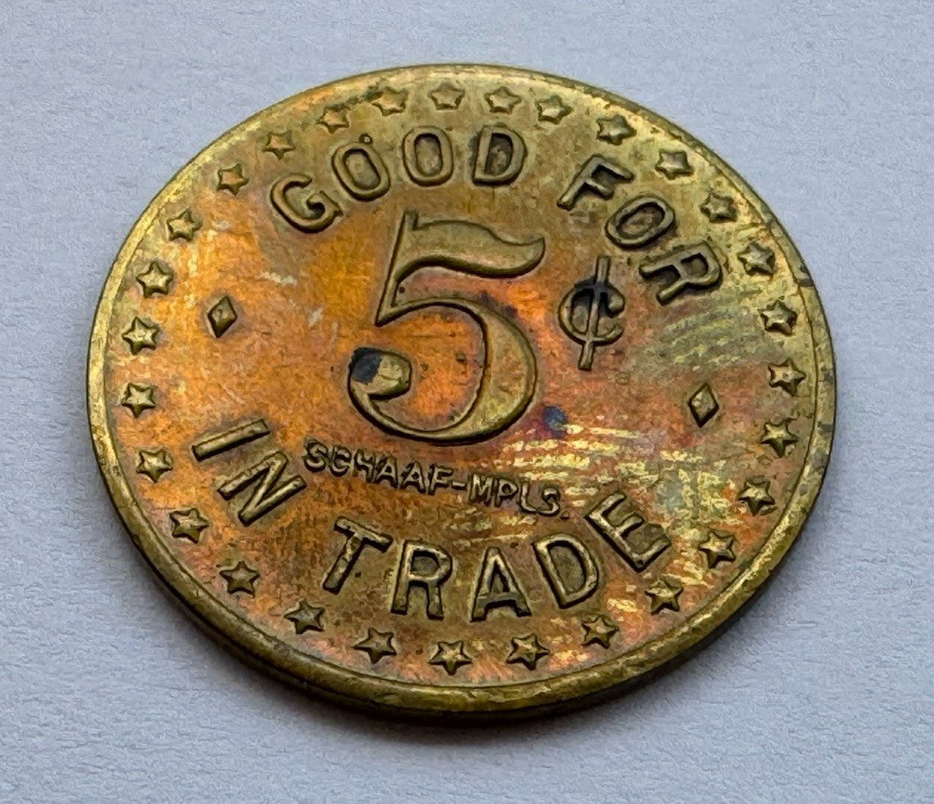 Elmer’s Bar 5¢ Trade Token Le Center MN – Vintage Brass Token EF+
