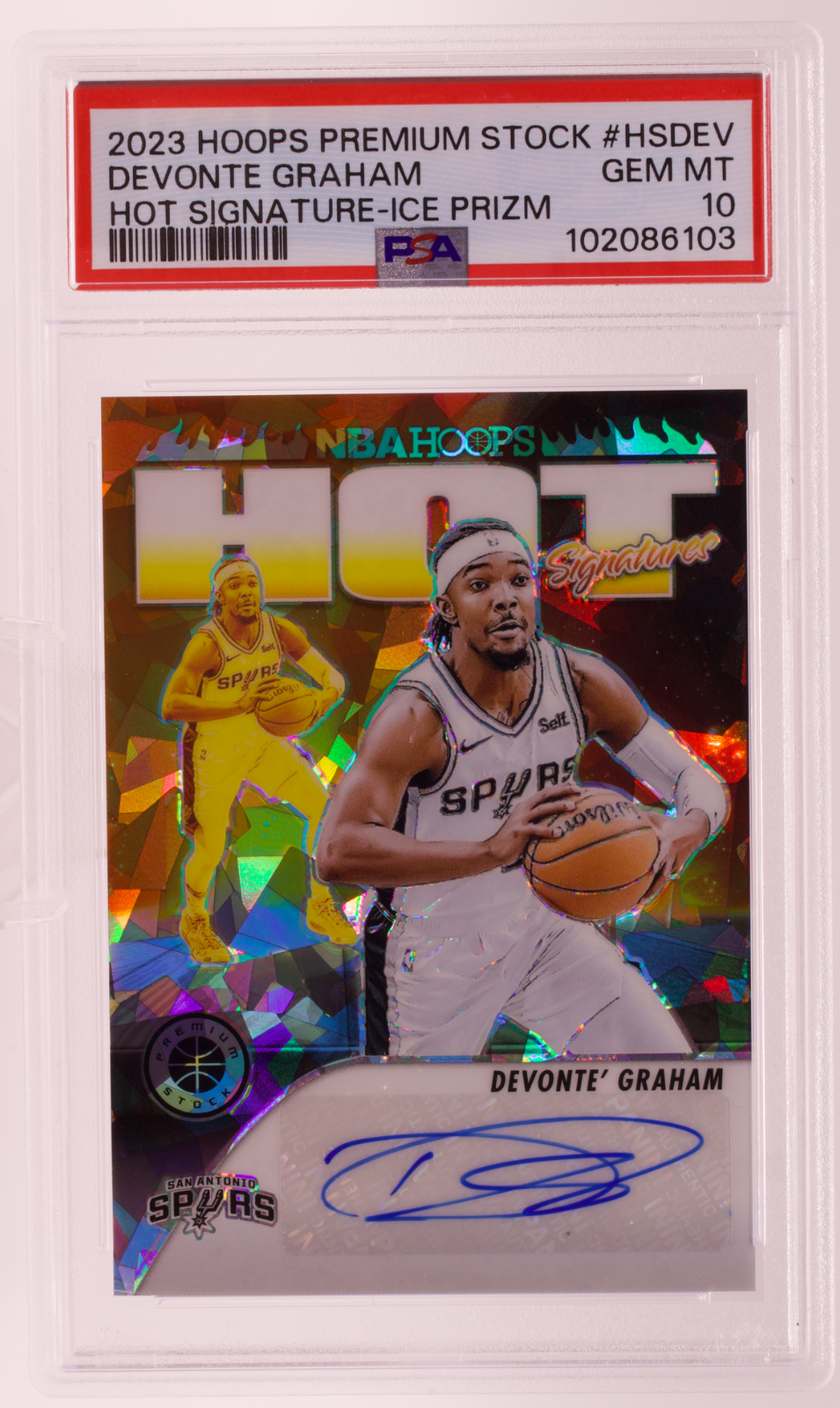 2023-24 Hoops Premium Stock Devonte Graham Hot Signature Ice Prizm PSA 10 Spurs