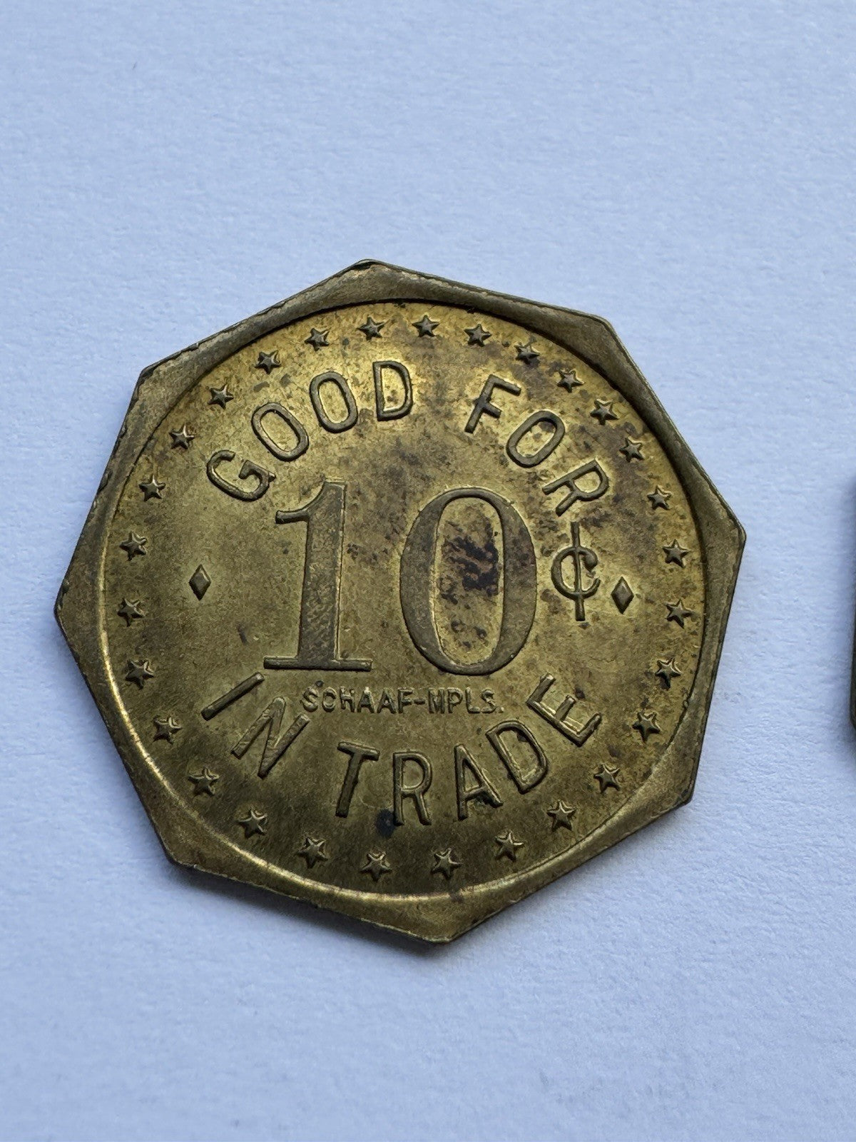 2x Paul’s Place Lake Benton MN 10¢ Octagon Trade Token Vintage Brass Bar Coin