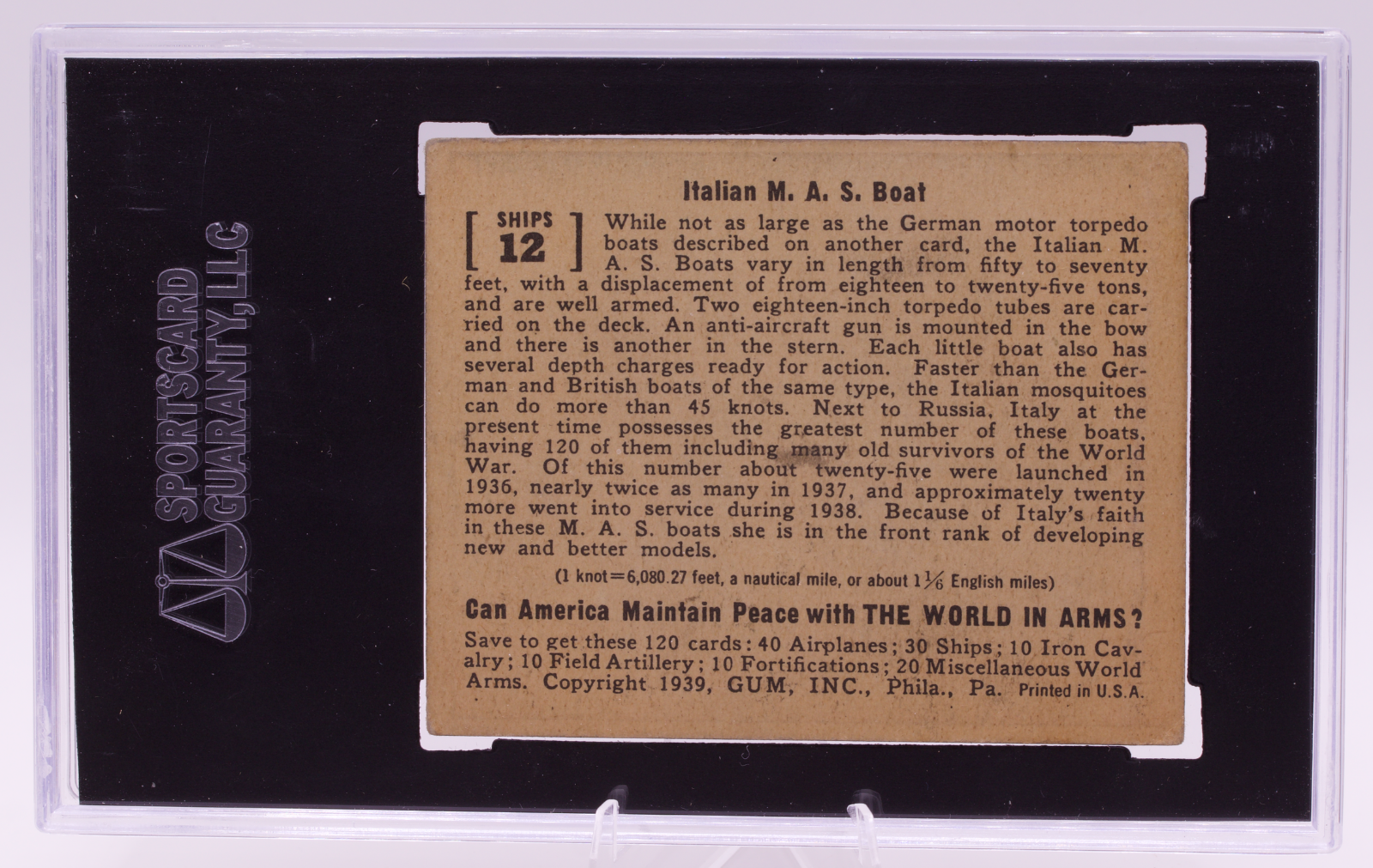 1939 Gum Inc World In Arms #12 Italian MAS Torpedo Boat SGC 3 VG Pre-War WWII