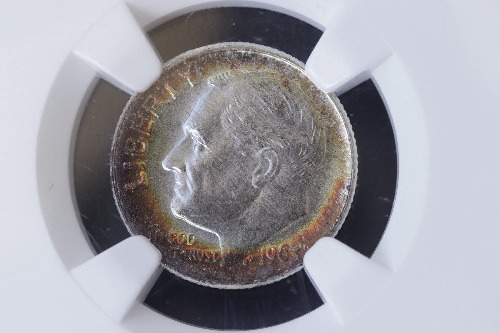 1963-D Roosevelt Dime MS66 NGC • Rims Toned in Fire Red & Golden Hues • Gem BU