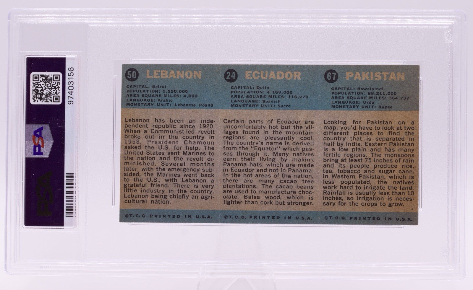 1963 Flag Midgee Cards Pakistan Ecuador Lebanon PSA EX-MT 6 Vintage Strip