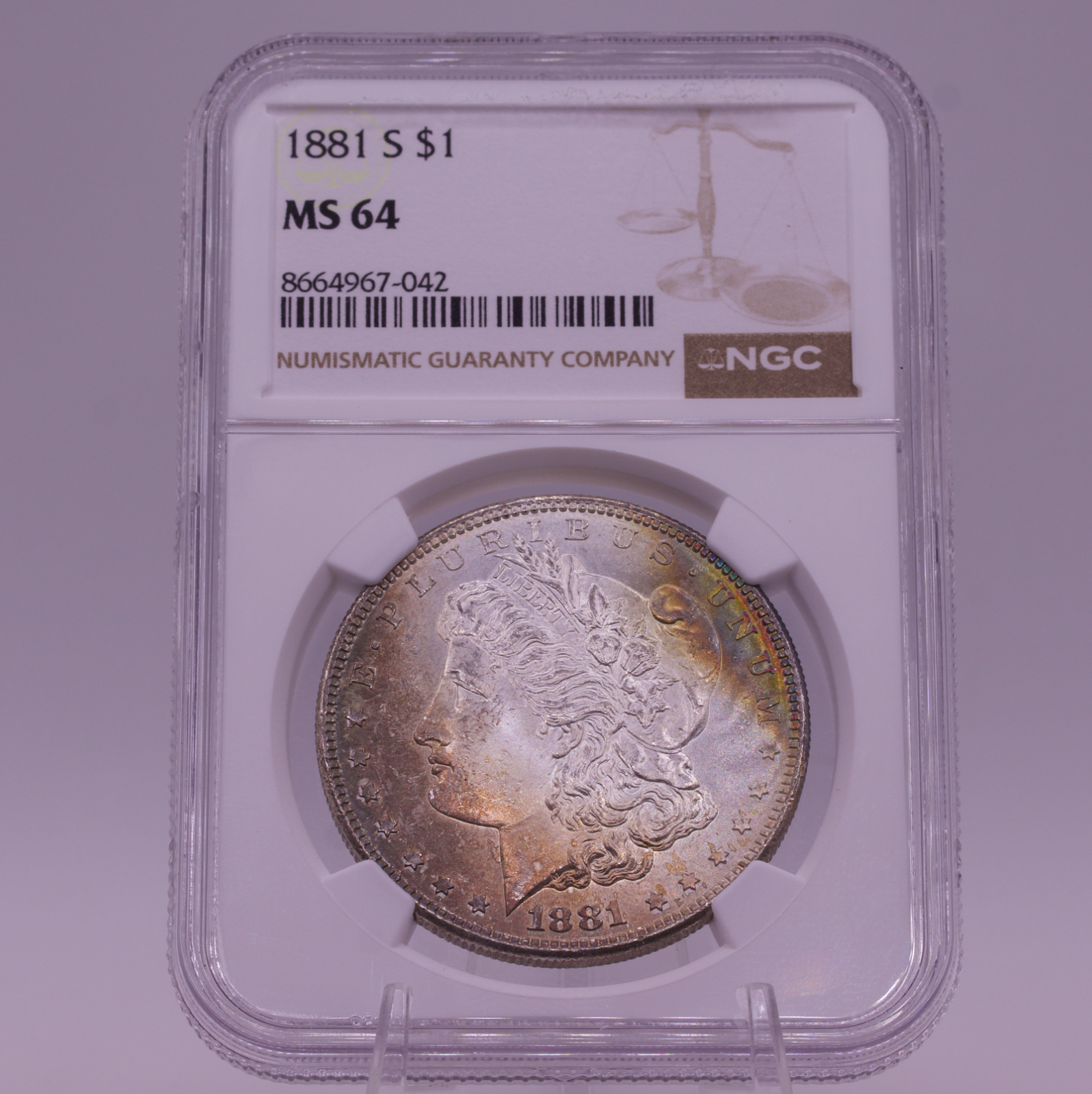 1881-S Morgan Dollar NGC MS64 Golden Crescent Toning San Francisco Silver $1